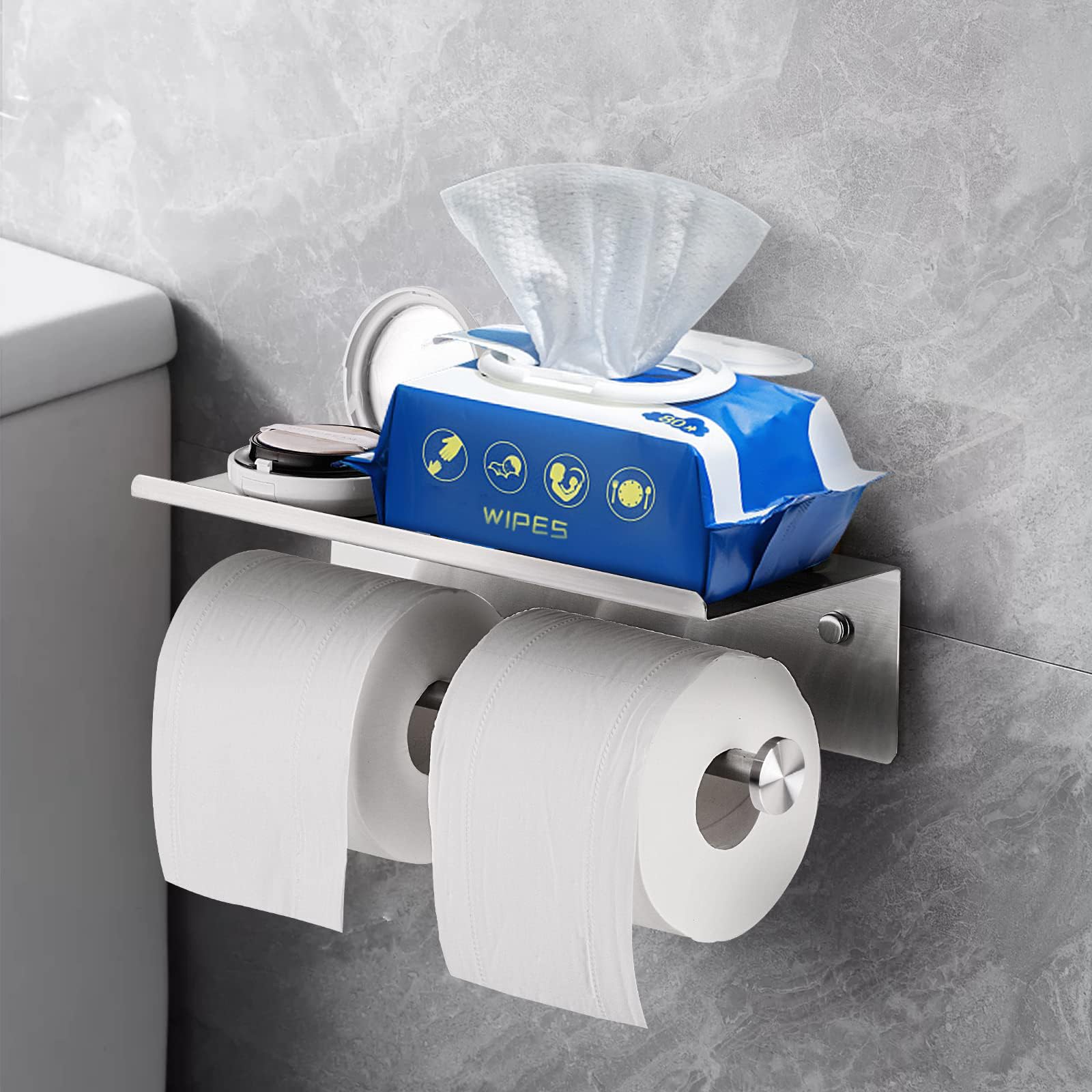 YUMORE Toilet Paper Holder with Shelf, Double Roll Holder, Brushed Nickel — Amazon image 8