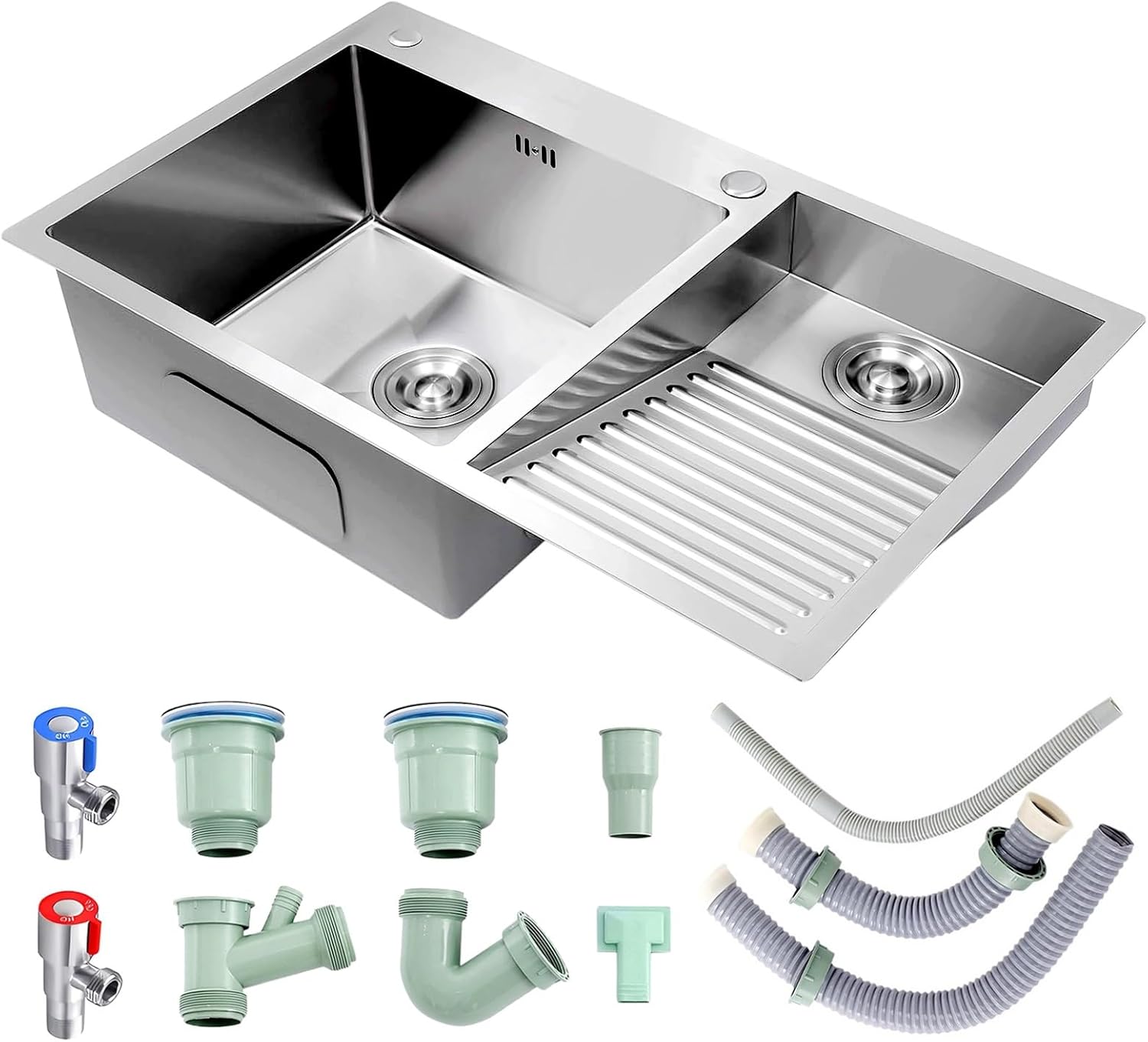 Large Washbasin with Washboard for Garages and Basements, 304 Stainless Steel Sink, Robust Sink Double Bowl, Drain Sets-Silver-a-70cm-Right