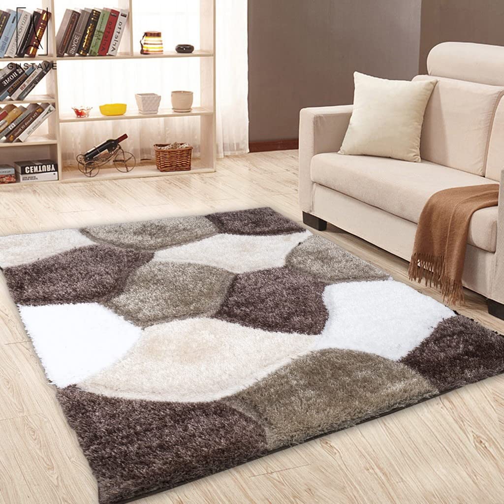 Modern 3D Geometric Shaggy Rug – Soft High Pile Carpet for Living Room & Bedroom – Floor Mat Small Door Mats (Brown Beige, 80 x 150 cm (2.62 ft x 4.92 ft))