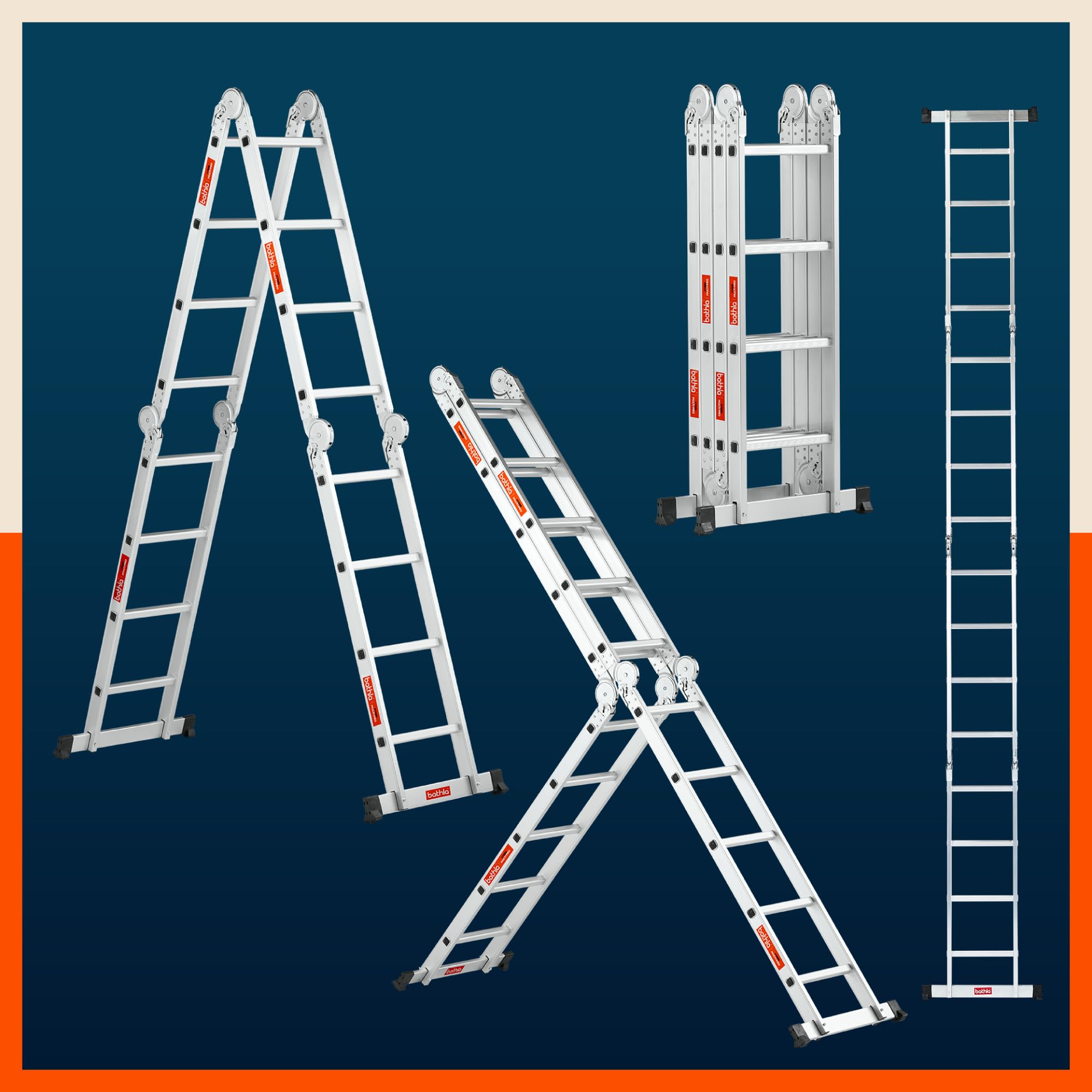 Bathla X-Tend 15 Ft Aluminium Multipurpose Foldable Step Ladder | Portable & Compact Folding Design | 150 Kg Load Capacity | 2-Year Warranty | for Home & Industrial Use | (4.5 m 16 Step)