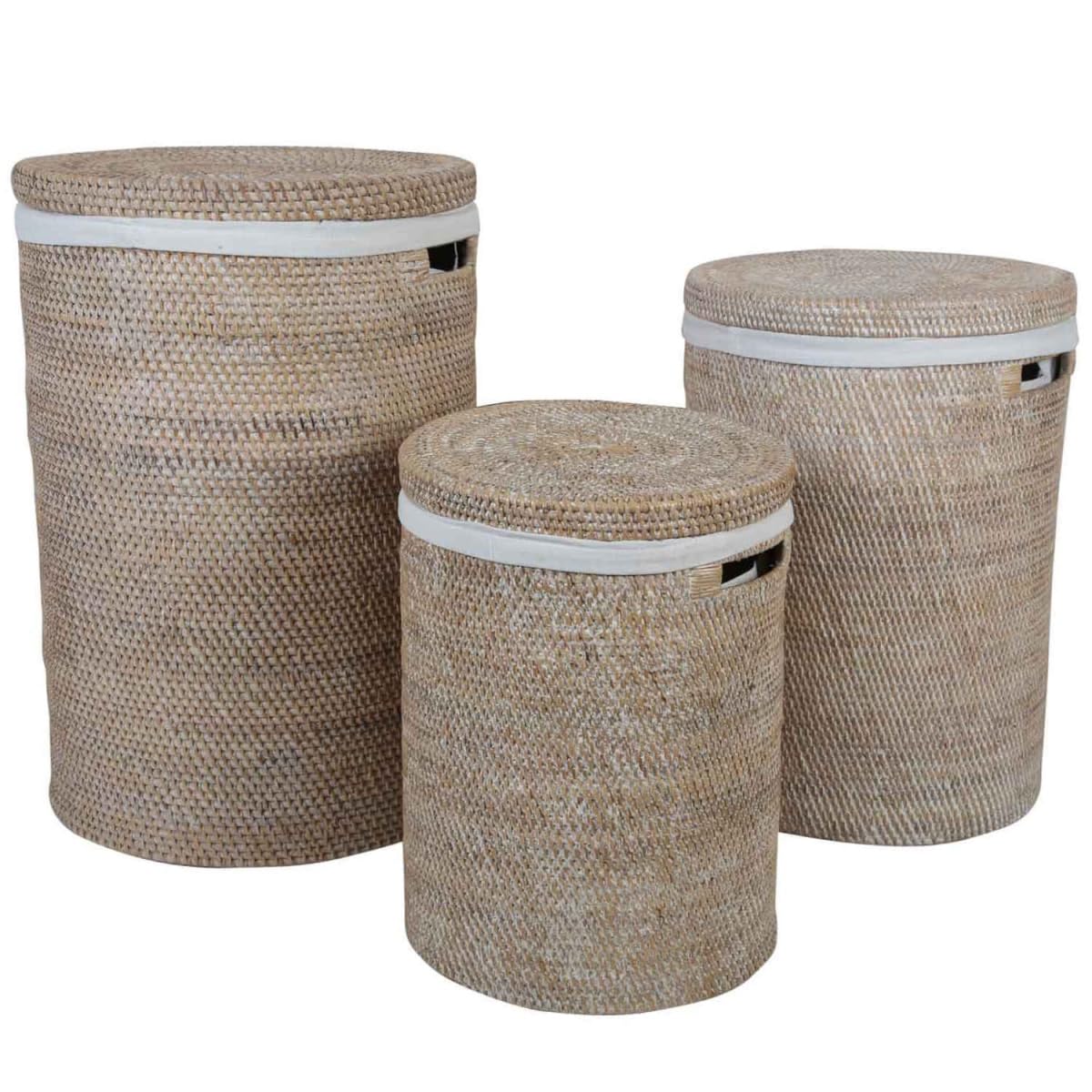 Wäschekorb Rattan Cleo Weiß Wäschsammler Wäschebox Aufbewahrung rund mit Deckel und Innensack Ø35 cm x Höhe 50 cm Größe L