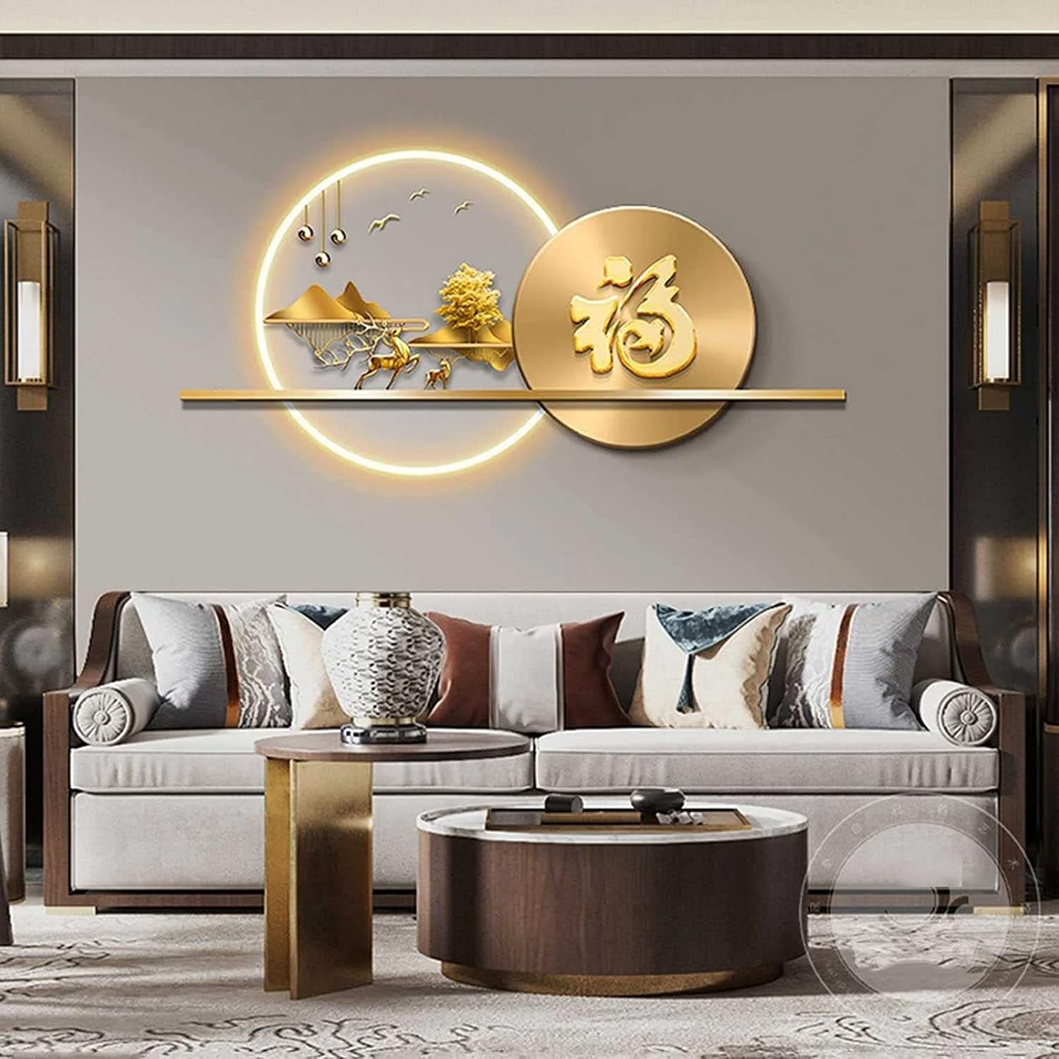 Art Wall Decor Light Luxury Metal Wall Decor with LED Lights, 3D Metal Wall Hanging Sculpture, Natural Home Art Decoration for Living Room Bedroom Office Study Wall Hanging Statue,C 70 * 100cm (B 50