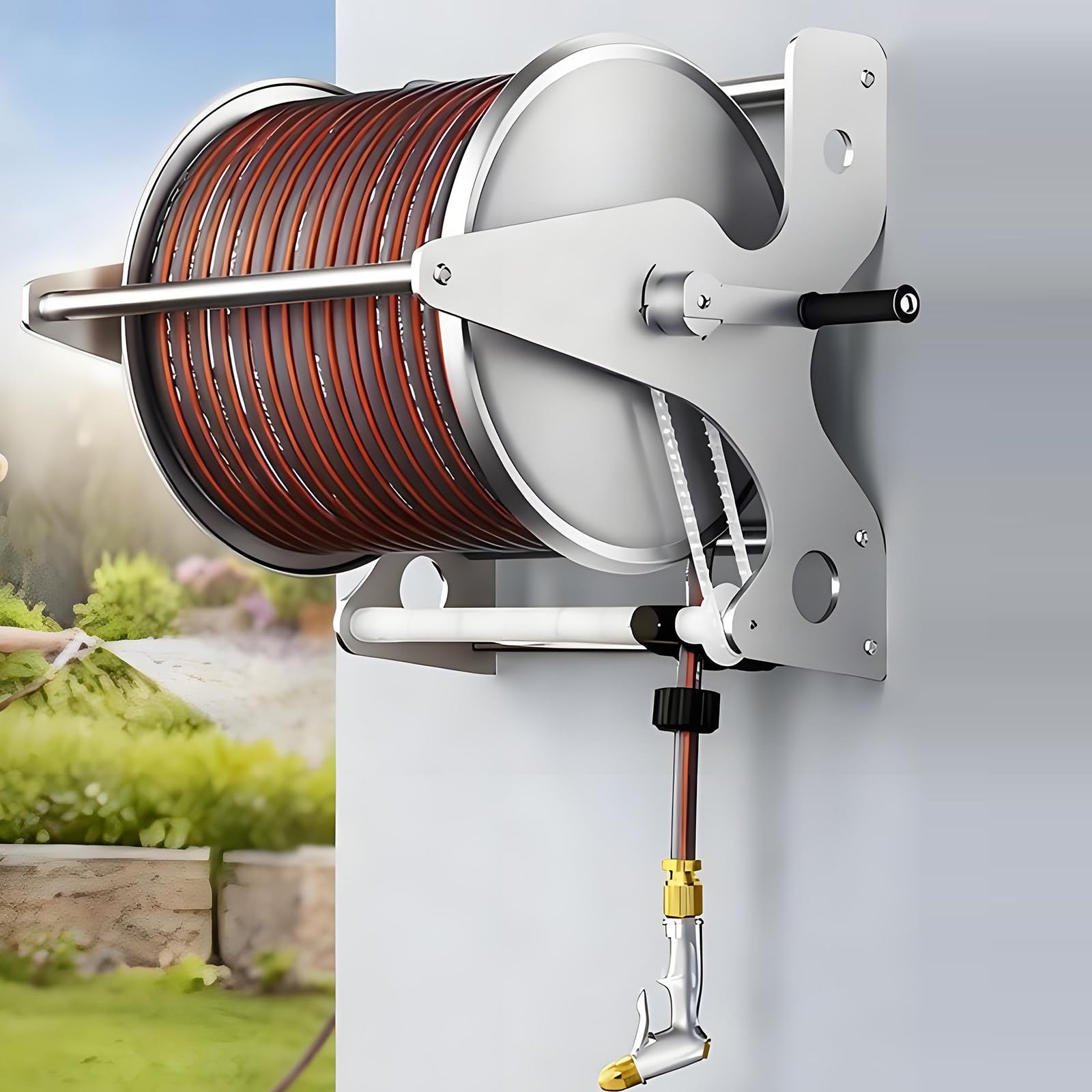 Huansebesity Rack Metal Stainless Steel Water Hose Reel 40M Capacity -40Mhose
