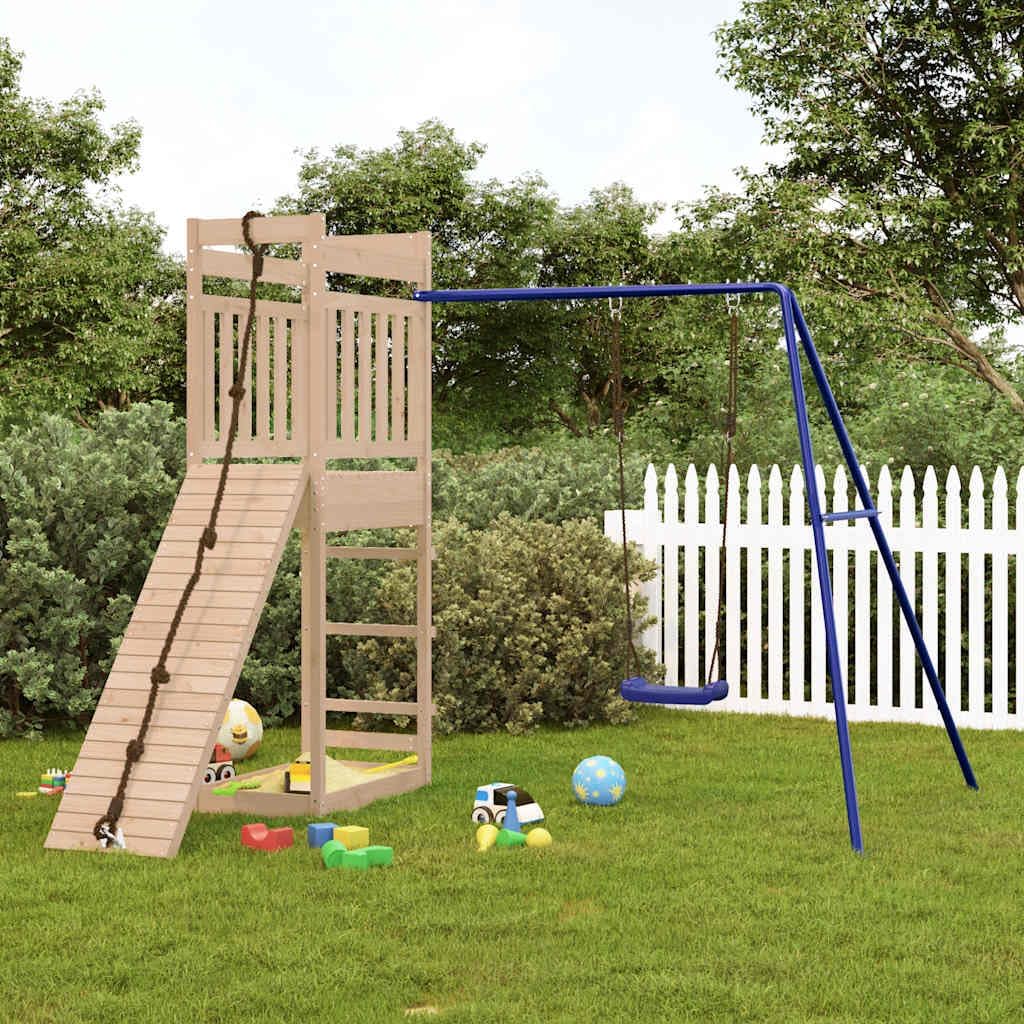 Outdoor Playset Natural Wood Blue Solid Pine Wood Large Durable with Climbing Wall and Single Swing for Kids Ages 3-8 Years Spacious Layout for Up to Three Children