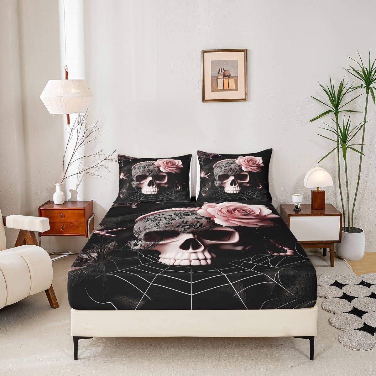 Homewish Juego de ropa de cama con diseño de calavera y rosas rosadas, sábana bajera ajustable para mujeres y hombres, sábanas vintage de flores góticas negras, funda de edredón de telaraña de