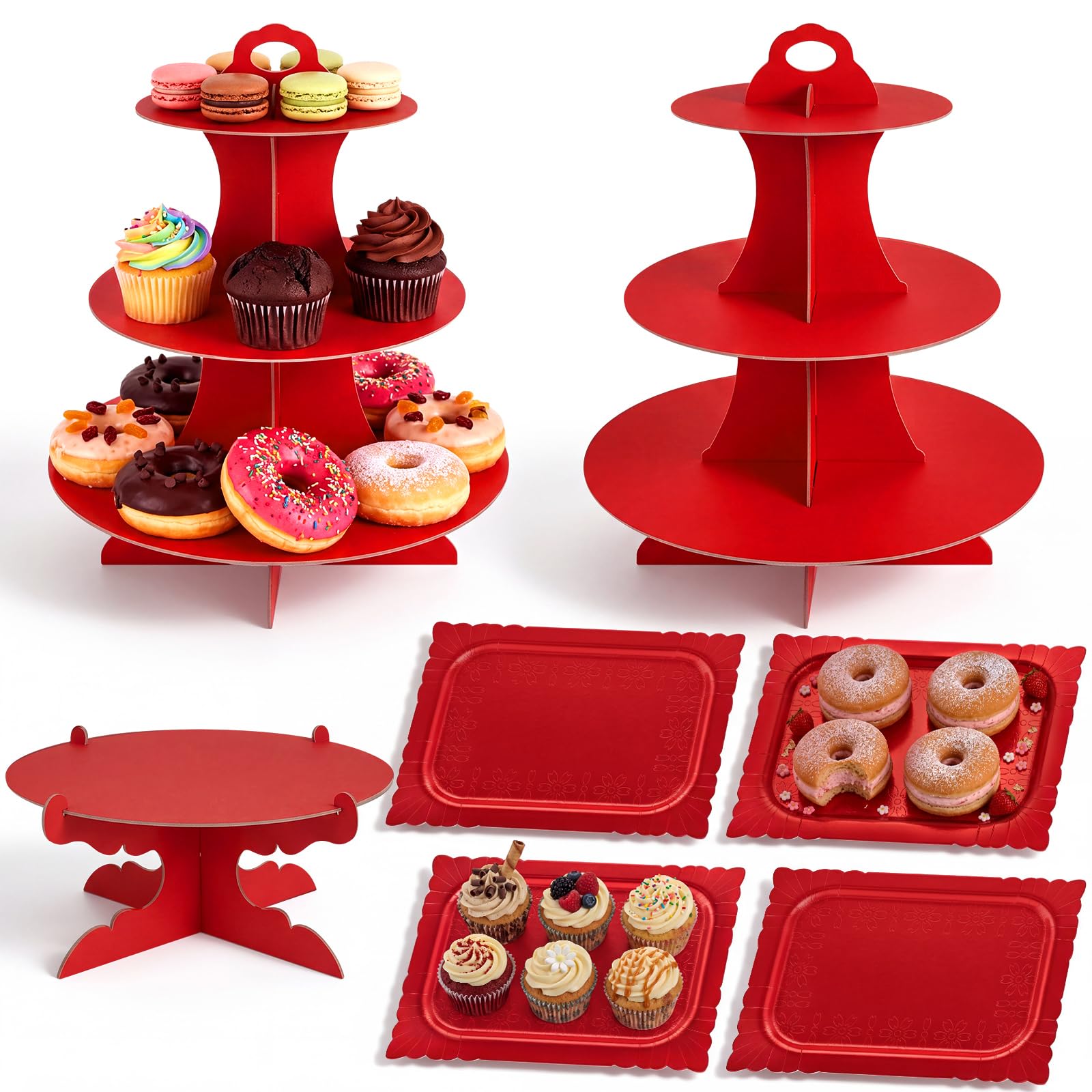 Lot de 7 présentoirs à gâteaux ronds en carton à 3 étages - Présentoir à gâteaux rectangulaire - Plateau de service réutilisable pour desserts, fête d'anniversaire (rouge)