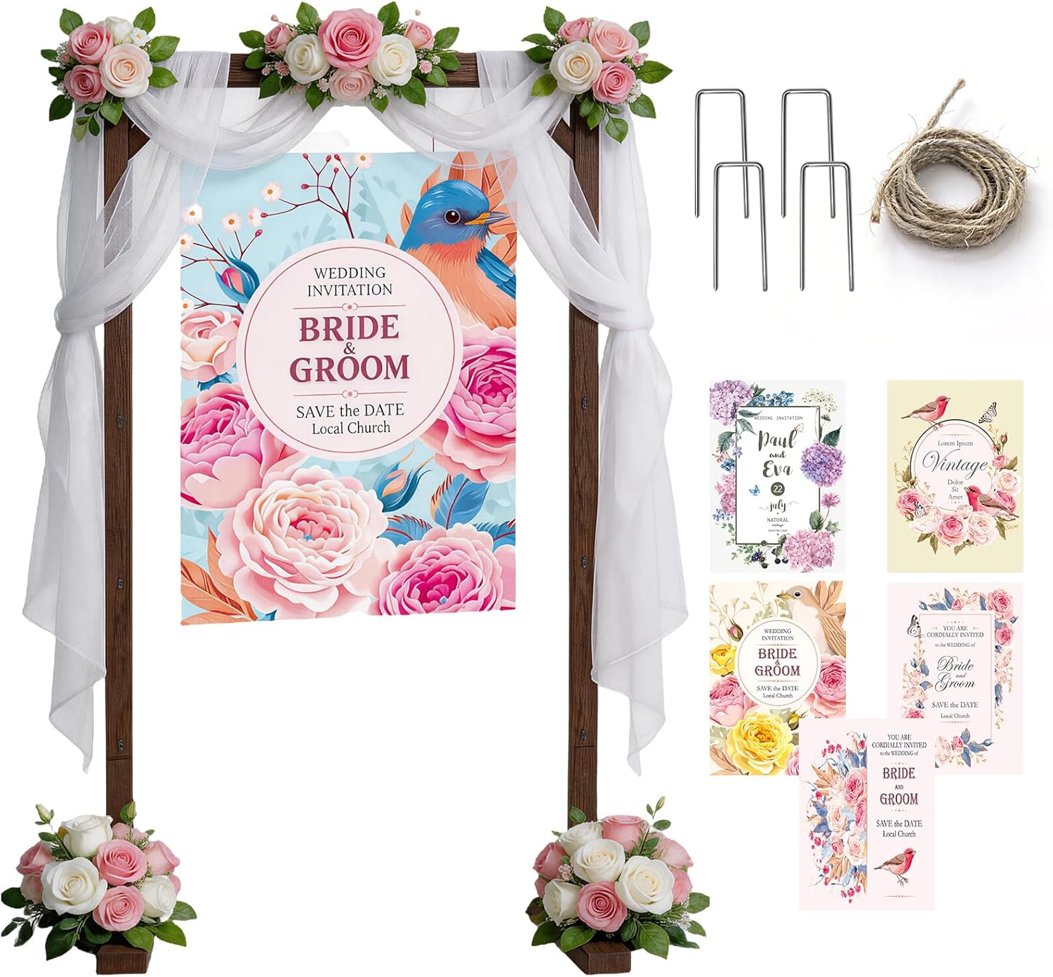 Wedding Welcome Sign Stand, Adjustable Wooden Sign Holder Stand, Heavy Duty Wood Easel with Poster Design Templates & Ground Stakes for Wedding, Bridal Baby Shower, Birthday Party