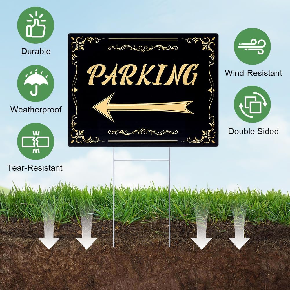 Peacoblue 6 Pcs Parking Sign with Metal H Stakes,12"x16"Double-Sided Black&Gold Arrow Signs,Waterproof Corrugated Plastic Parkway Signs for Outdoor Events,Weddings and Parties