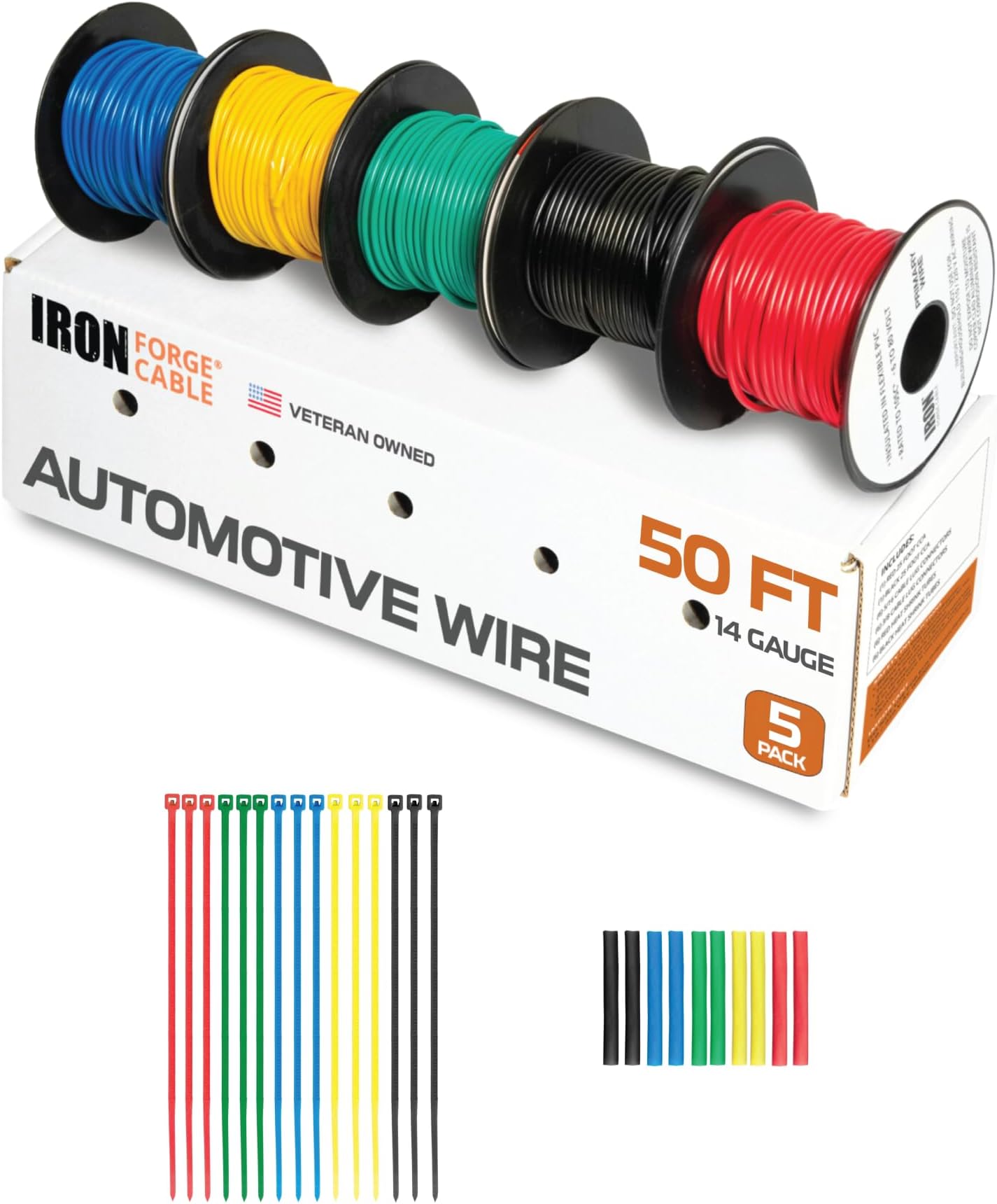 IRON FORGE CABLE14 Gauge Automotive Wire - 5 Roll Assortment Pack - 50 Ft of Copper Clad Primary Wire per Roll, Stranded Copper Clad Aluminium Auto