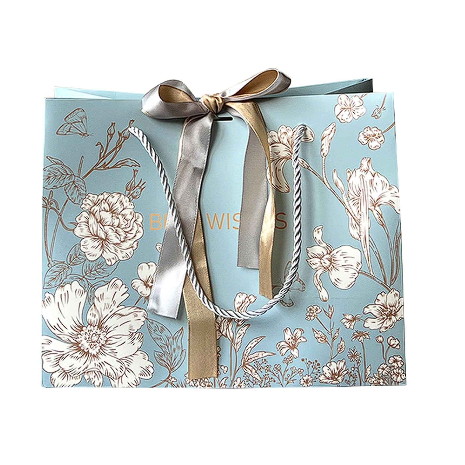 Bolsas de papel con lazo azul (paquete 20 por tamaño), asa cinta gruesa, for tiendas ropa, embalajes minoristas y cumpleaños(M)