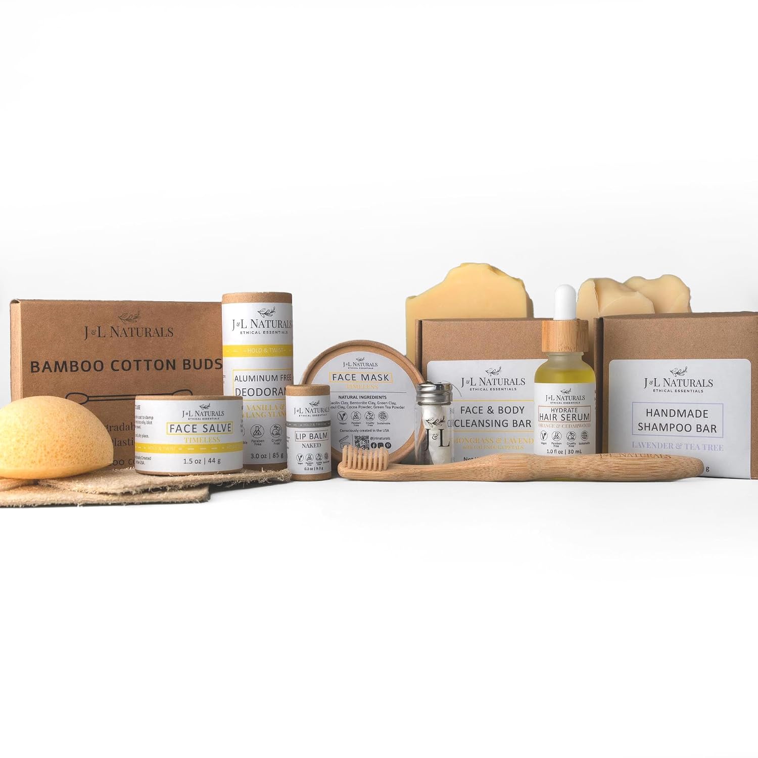 J&L Naturals | Exceptional Self-Care Kit With Cleanser, Konjac Sponge, Face Mask, Face Salve, Lip Balm, Shampoo, Hair Serum, Deodorant, Toothbrush & More (Timeless (mature, aging), Exceptional)