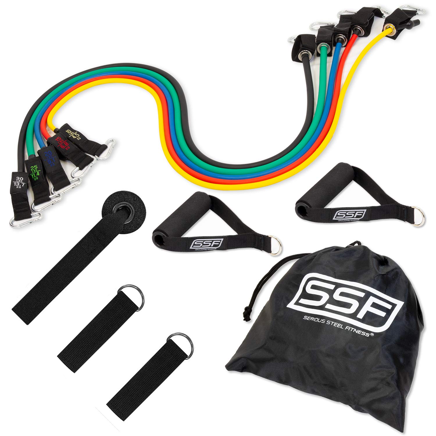Serious Steel Resistance Tube Band Set Includes Handles, Door Anchor and Ankle Straps (45.4 kg Set or 75.8 kg Set)
