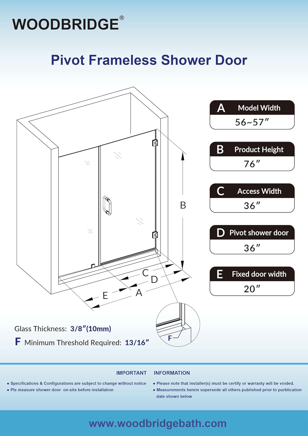 WOODBRIDGE 56-57" W x 76" H Pivot Frameless Single Swing Hinge Shower Door, 3/8 in. (10mm) Thickness Shattered-Proof Tempered Clear Glass with Brushed Nickel Trim