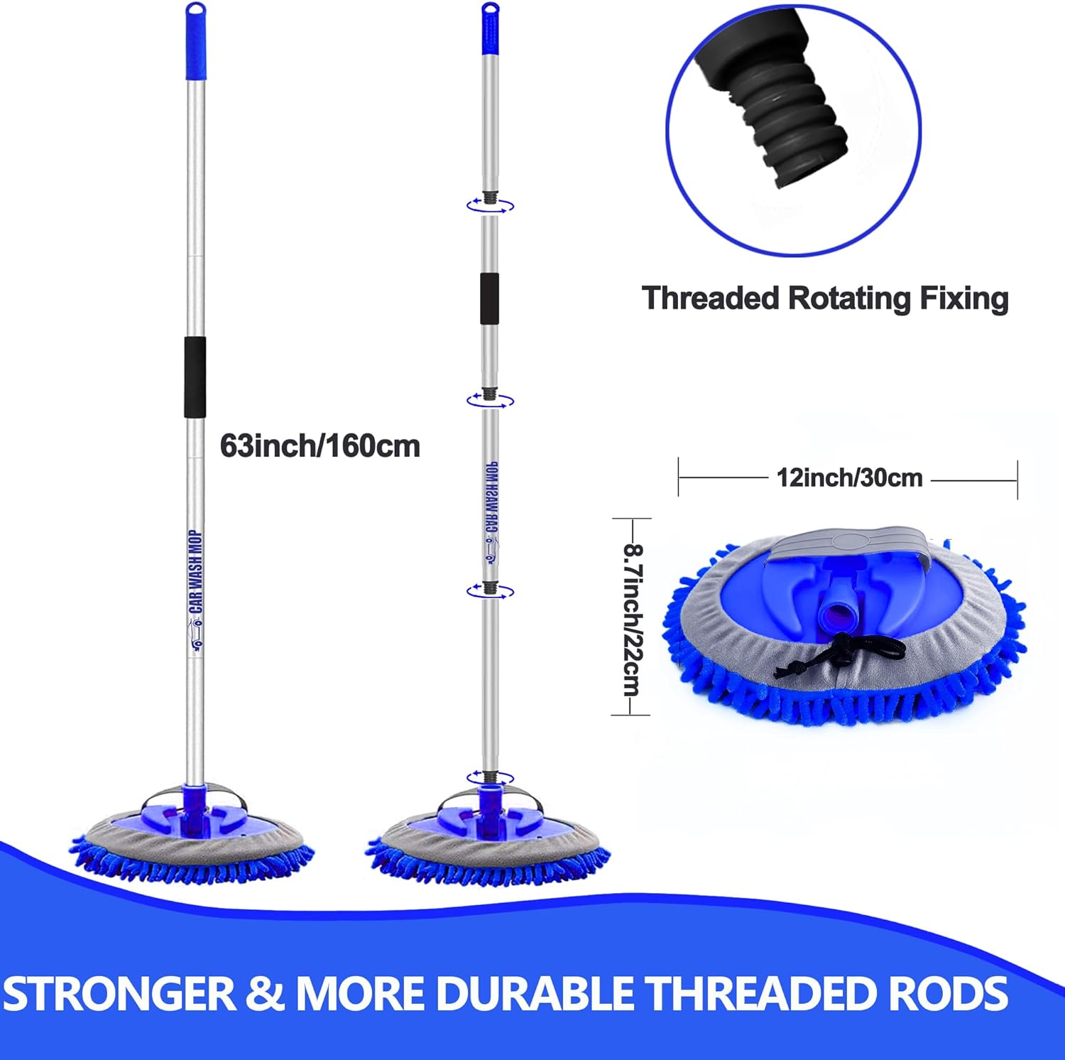 63” Long Handle Car Wash Brush Microfibre Extendable Cleaning Mop Mitt for Caravan Truck Van Tyre Window Wheel Roof 2 in 1 Interior Duster Remover Scratch Free Clean Product 3 Replacement Head
