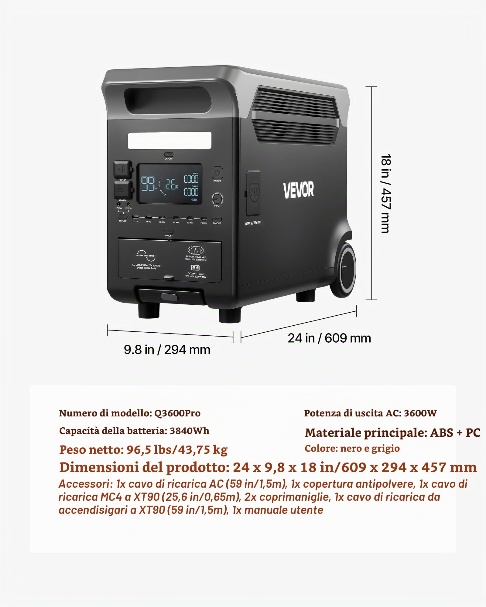 VEVOR Centrale Elettrica Portatile, Generatore Solare da 3600 W e 3840 Wh con 10 Porte di Uscita, Batteria di Backup LiFePO4 Espandibile per Camper, Campeggio, Senza Pannello Solare