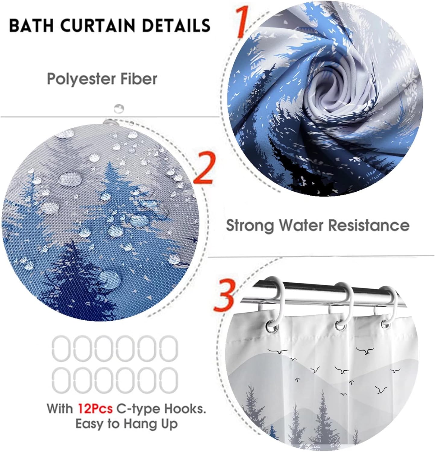 DDQQ 4Pcs Mountain Forest Shower Curtain Set with Non-Slip Rug, Toilet Lid Cover Bath Mat, Foggy Nature Blue Tree Waterproof Shower Curtain with 12 Hooks for Bathtubs Hotel Bathroom Decor : Home & Kitchen
