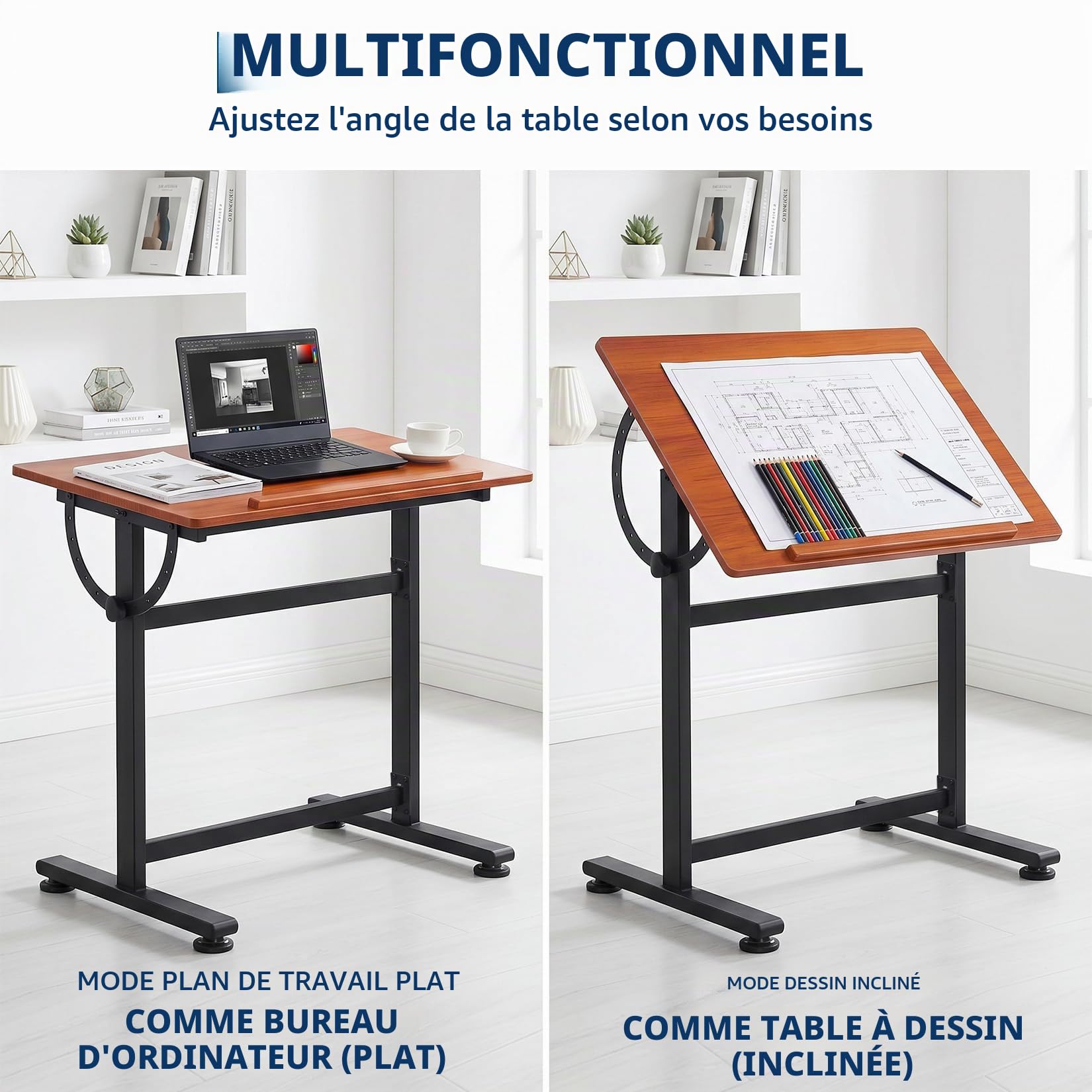 Table à Dessin Réglable 0°-90°, Bureau à Dessin Inclinable Acier Bois