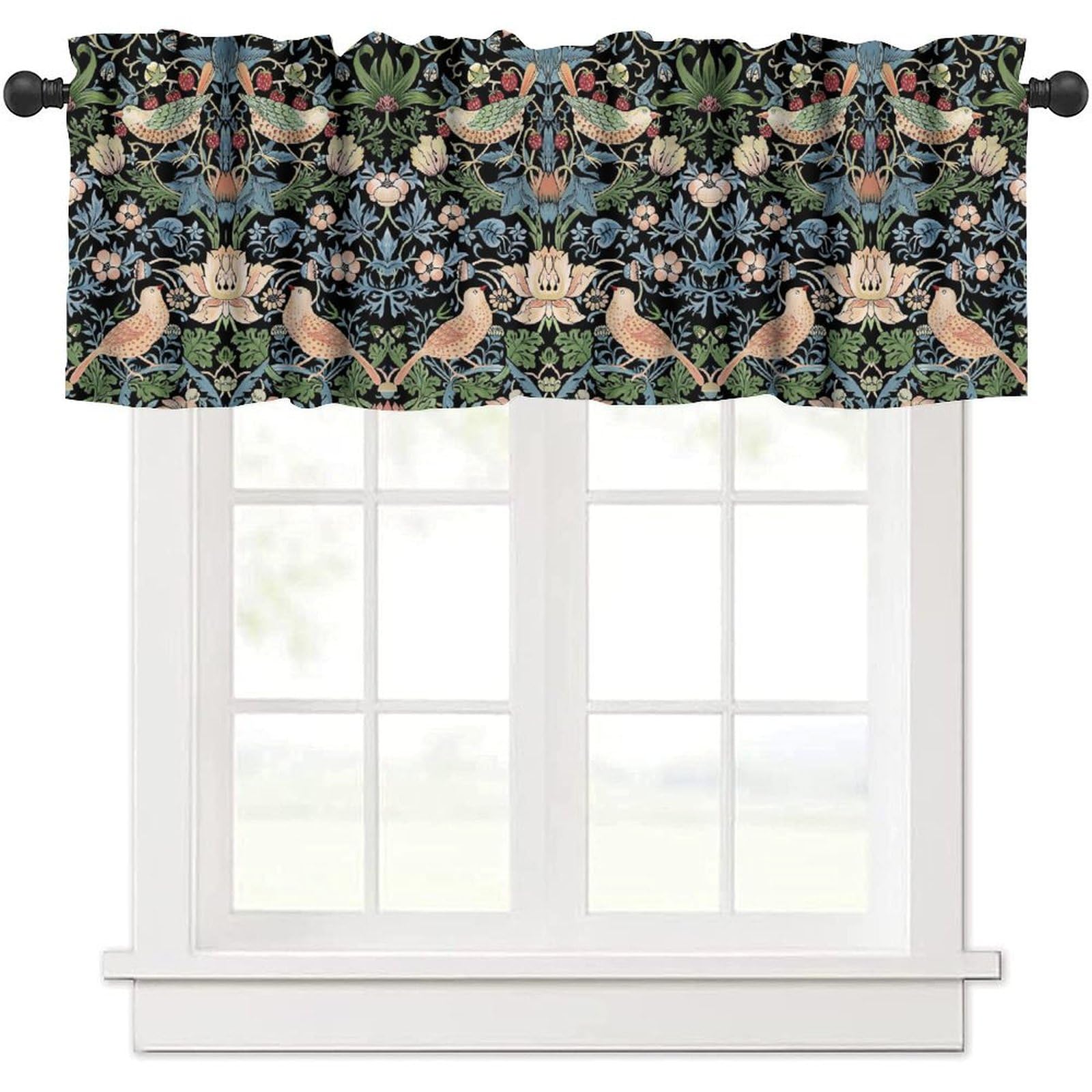 Yearn Jear Floral-7 William Morris Kitchen Curtain Valance,Retro Flower Strawberry Thief Floral Printed Small Window Treatments For Kitchen Living Room Bathroom Cafe Decor 54X18 In, 1 Panel