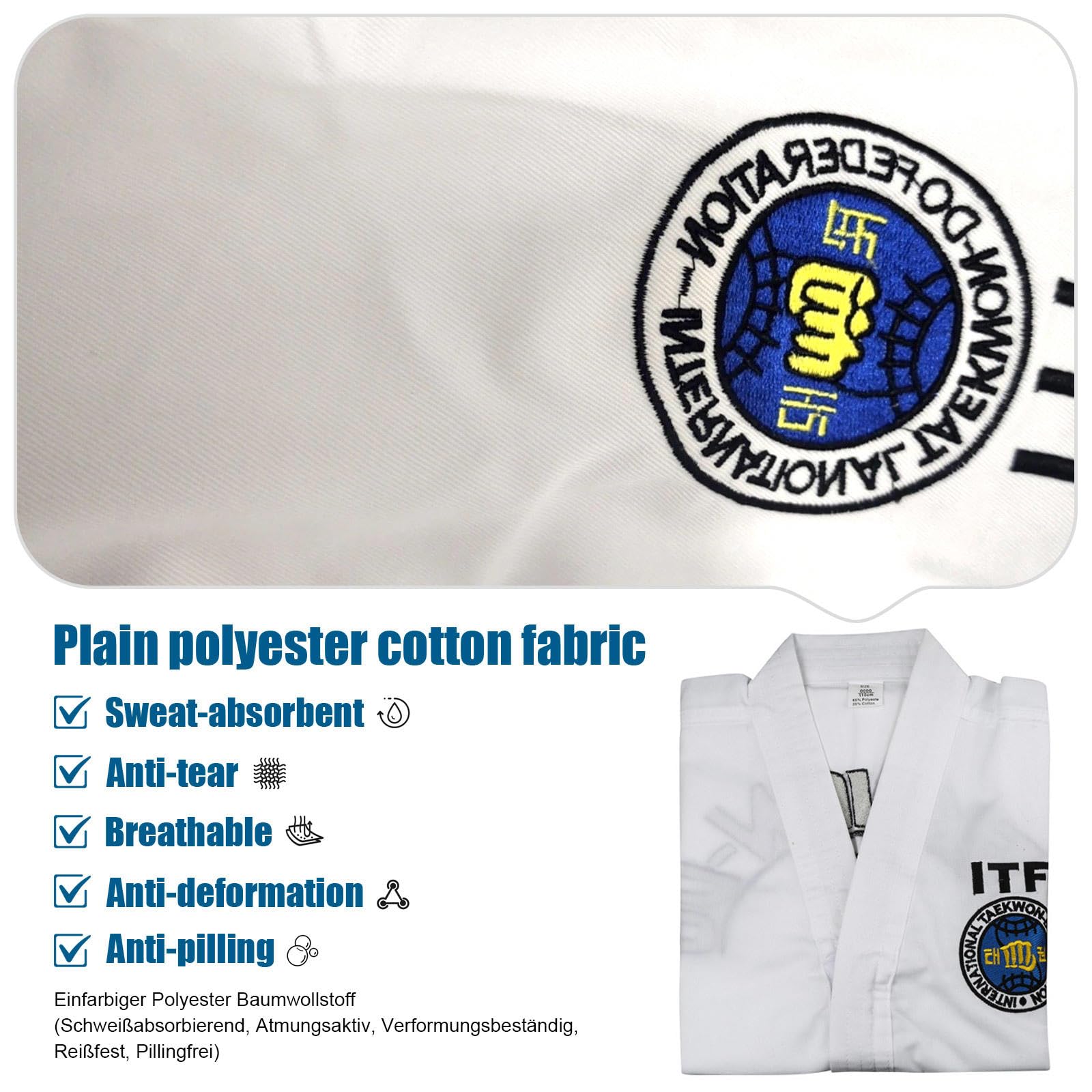 CHUIKUAJ Kimono Bambini Judo GI, ITF Kimono da Karate con Ricamo,in Misto Cotone e Poliestere, Uniforme Professionale per Allenamento e Competizioni - con Cintura,WhiteK-120