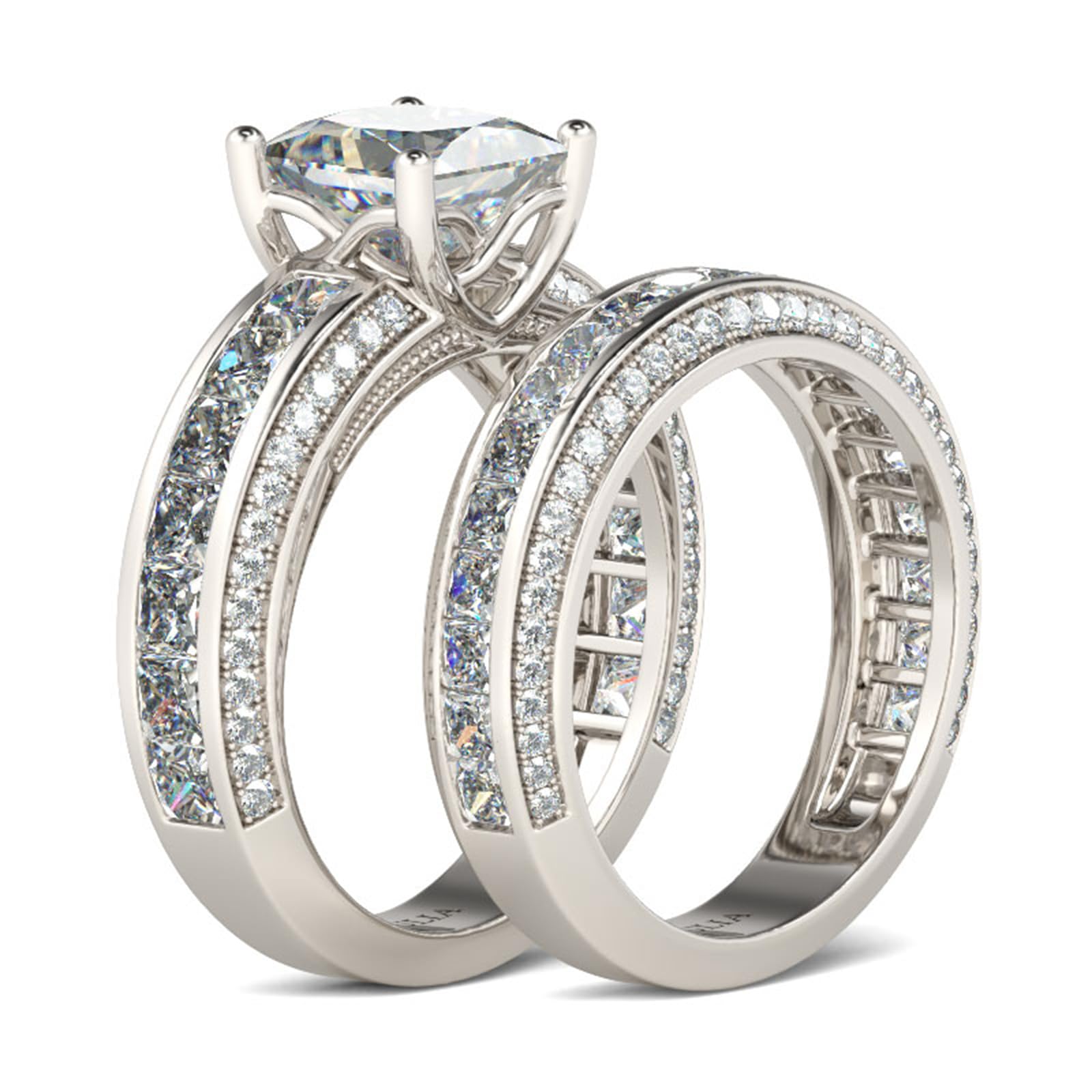 Jeulia Damen Sterling Silber Ringe Set Prinzess-Schliff 4-Prong Diamant Ringe Set Schmuck für Braut Hochzeit Band Verlobungsring Trauring Ehering