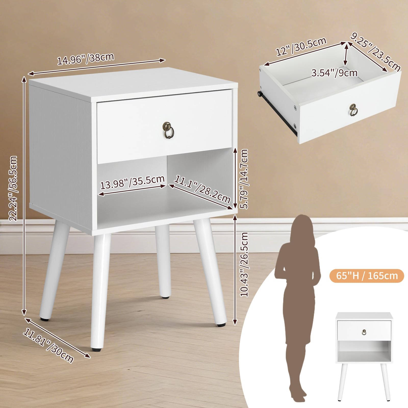 LEADZM Table de Chevet, Tables Basses avec 1 tiroir 1 étagère Ouverte Table d'appoint, Meuble de Nuit, Commode de Nuit, 38 x 30 x 55 cm (1, Blanc)
