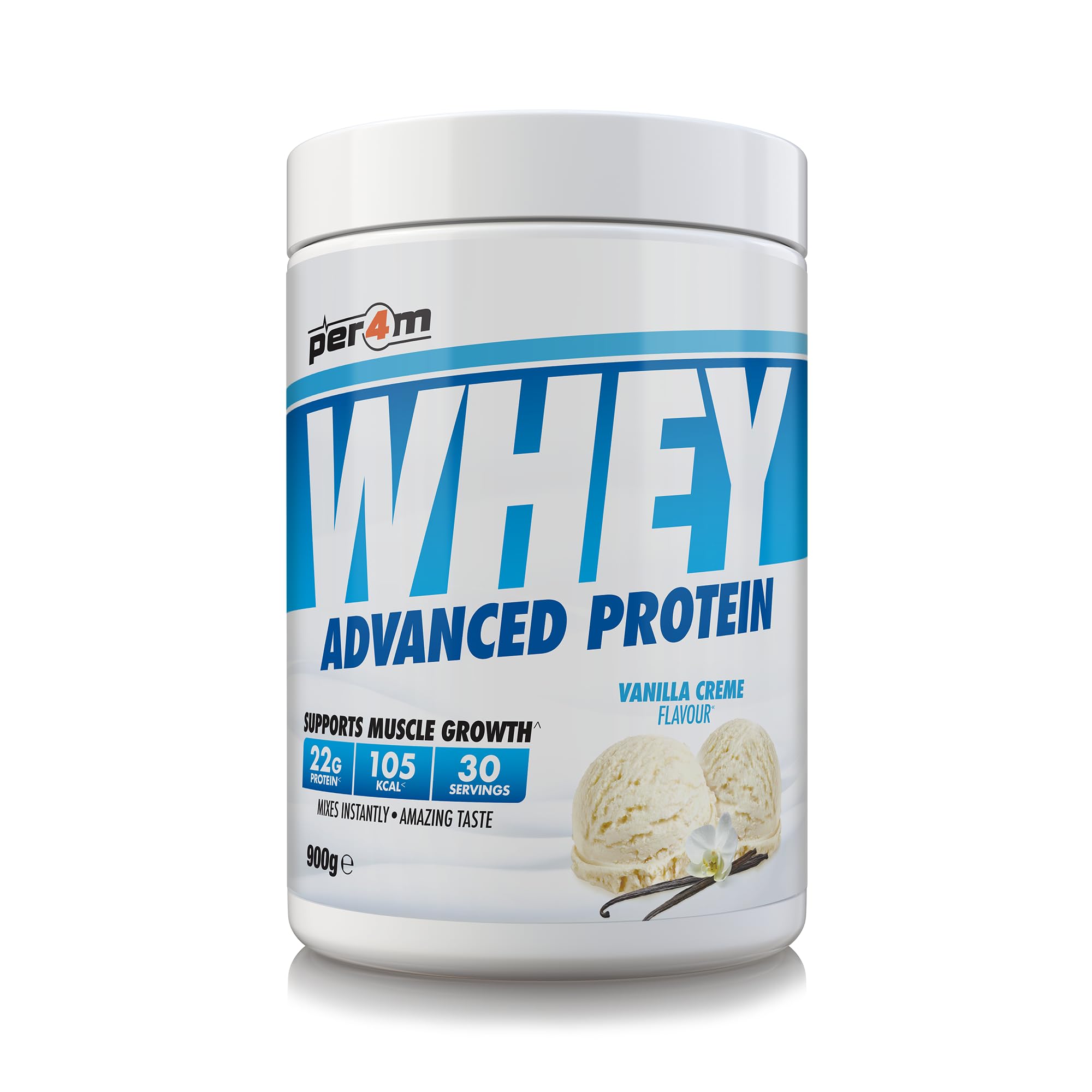 Per4m Whey Protein Powder | High Protein Shake for Muscle Growth & Recovery | Low Sugar Gym Supplement | Sports Nutrition Drink + Amino Acids (900g, Vanilla Creme)
