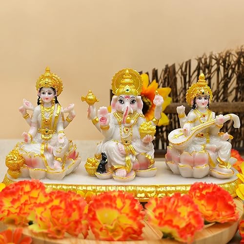 Miniatura 3 de alikiki Estatua india de Laxmi Ganesh Saraswati 3.9 pulgadas de alto pequeño aspecto de mármol Lakshmi Ganesha ídolo escultura para tablero de