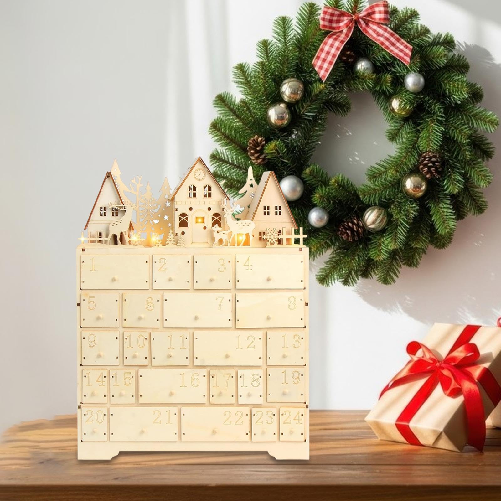 Weihnachts Adventskalender Boxwood mit LED Fächer Holz Kalender Dekoratives Schubladen Ornament Weihnachts für Wohnzimmer Schlafzim