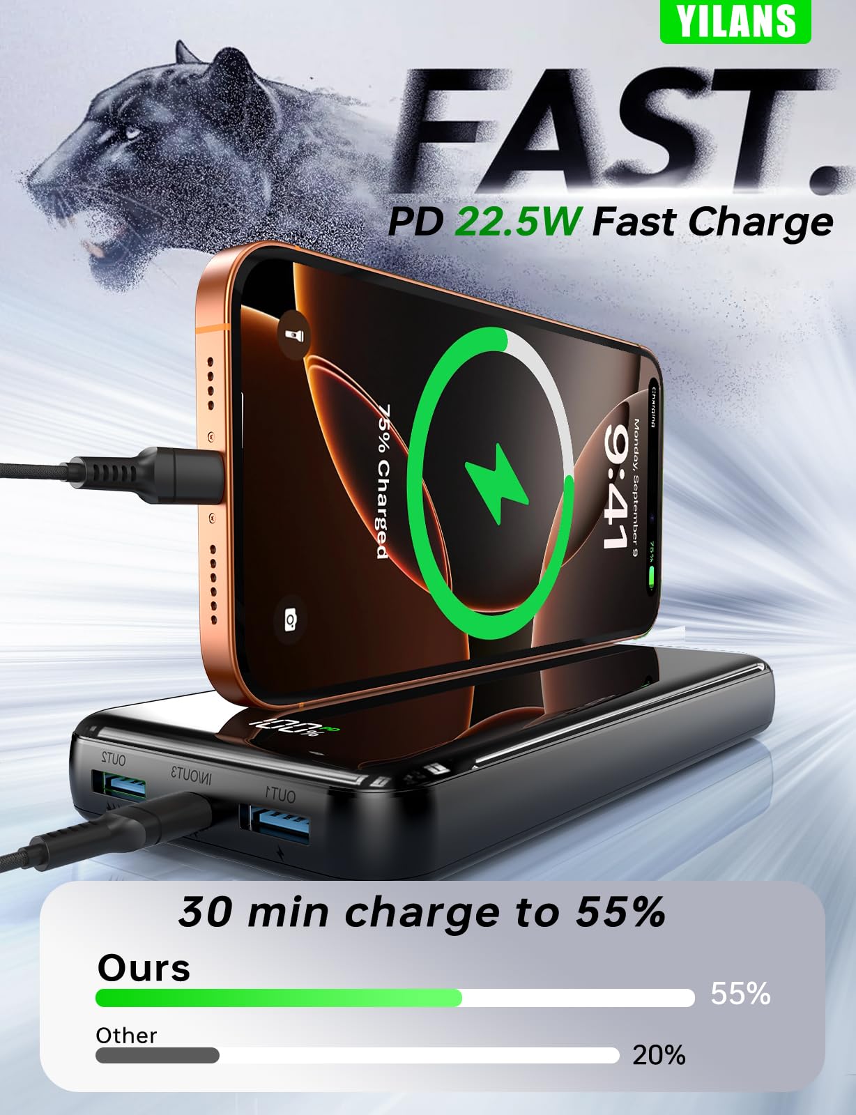 Portable Charger,50000mAh Power Bank Built-in Cable, 22.5W PD USB C In & Out Fast Charging, External Battery Pack with 6 Output & 2 Input, Travel Camping Essential for iPhone 17/16/15/14/13/12,Android