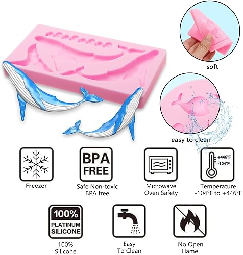 Miniatura 3 de Moldes de chocolate de delfín, 4 paquetes de moldes de silicona de ballena, moldes de playa de peces para decoración de pasteles temáticos de