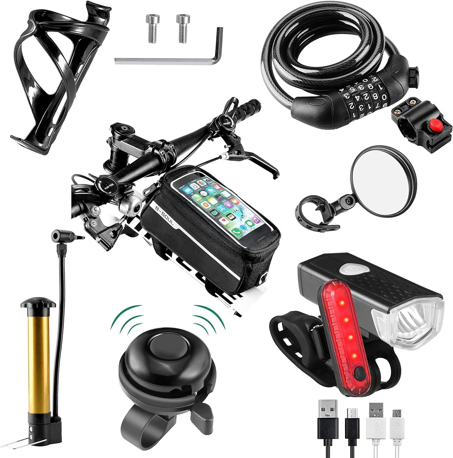 8 Pack Bicycle Accessories, Bike Light Set USB Rechargeable, 1 Bike Water Bottle Holder, Bicycle Bag and 1 Bike Aluminum Bicycle Bell,Pump