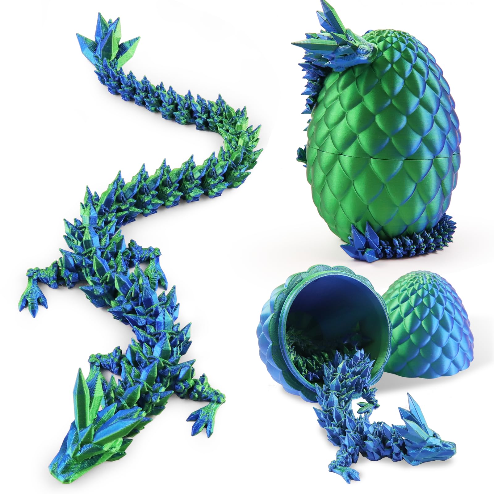 Josunlealy 3D Printed Dragon Egg,12“Crystal Dragon Inside, 3D Printed Gift, Executive Desk Toy, Figure Decor, Easter Basket Essentials (Blue-Green)