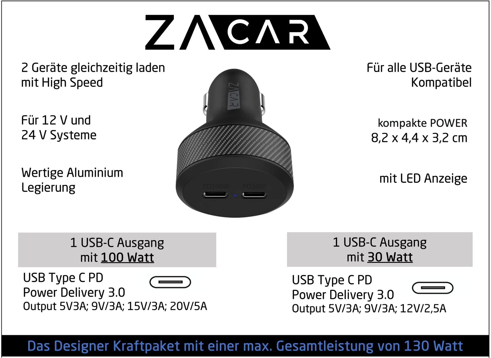 Cargador de coche USB-C de 130 W, 2 compartimentos: cargador de coche de ZACAR con 100 W + 30 W USB-C Power Delivery para 12 V/24 V – Coche/camión/caravana, carga MacBook Samsung Huawei FCP SCP Apple