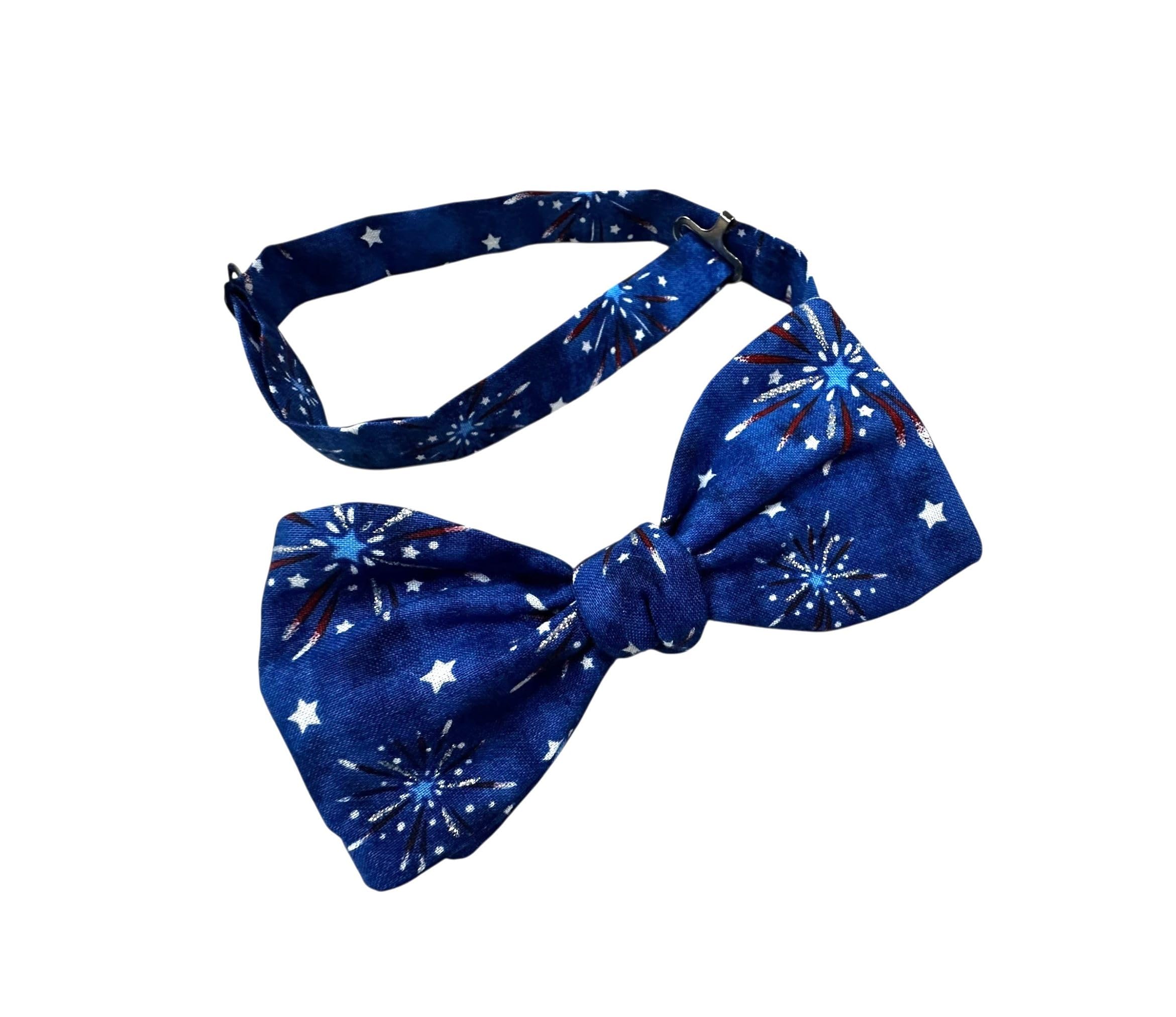 Papillon patriottico da uomo, fatto a mano, prelegato di bandiere americane rosse bianche blu e fuochi d'artificio