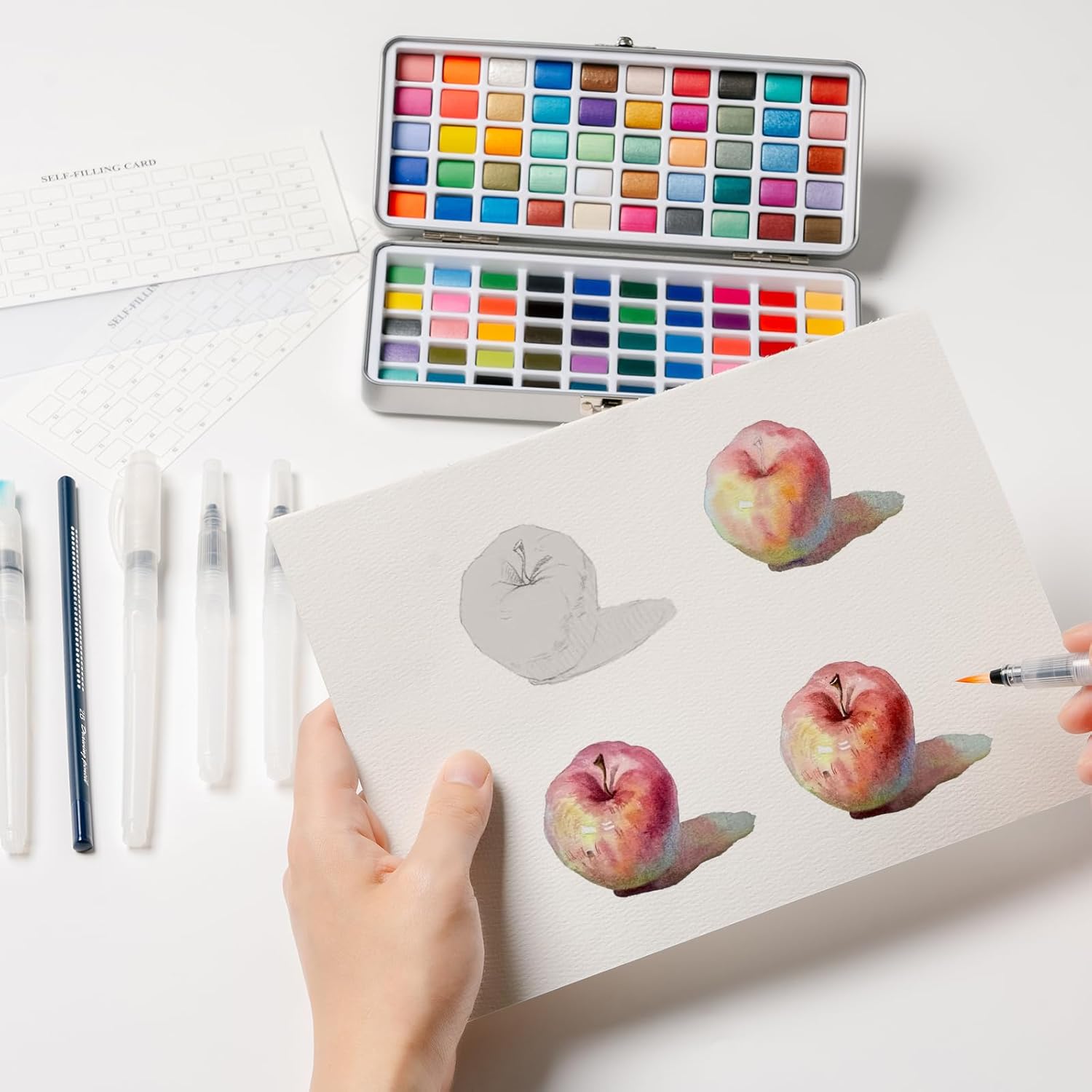 TERSOLVIAN 100 Colors Watercolor Paint Set - 50 Regular, 35 Metallic, 10 Macaron and 5 Fluorescent Colors - Portable with Carrying Case, Water Brush Pens Accessories for Beginners to Professionals