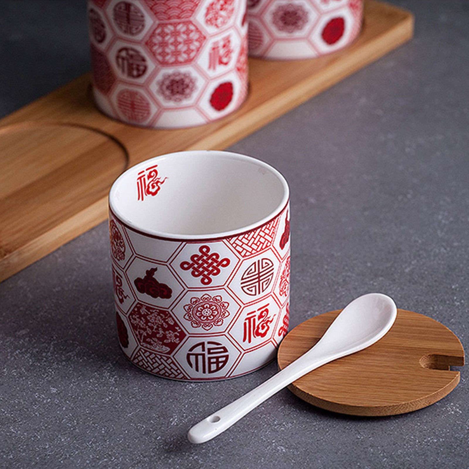 pojemnik na cukier， Słoiki na przyprawy, cukiernica w stylu chińskim z pokrywką i łyżeczką, porcelanowy słoik do przechowywania cukru o pojemności 11 uncji, ceramiczna cukiernica w szkarłatne litery,