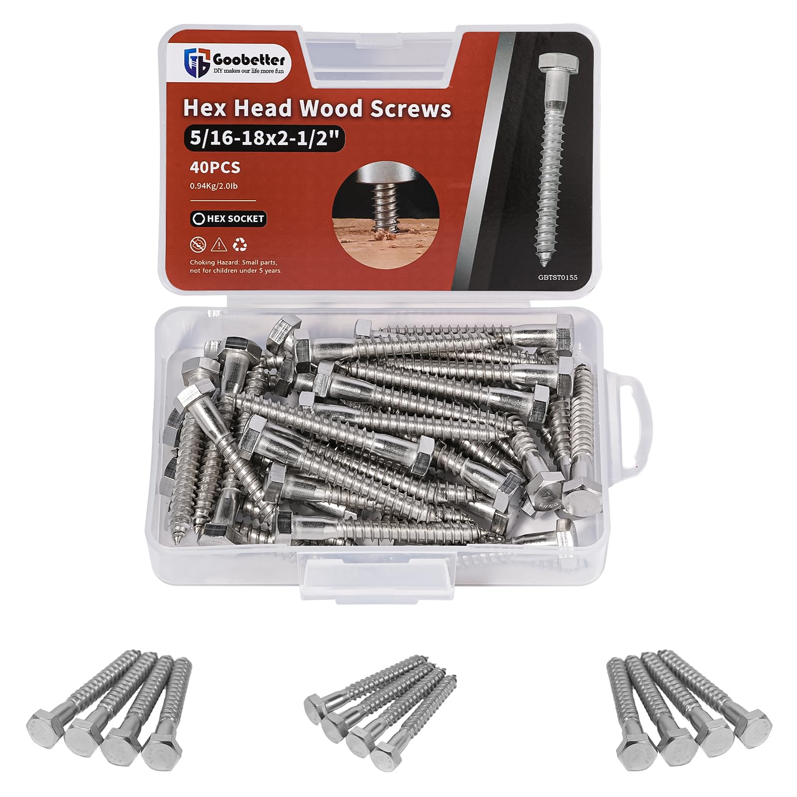 5/16" x 2-1/2" Hex Head Wood Screws - 40 Pack - for Woodworking, Furniture - 304 Stainless Steel Partial Thread Hexagon Head Lag Screws for Wood -