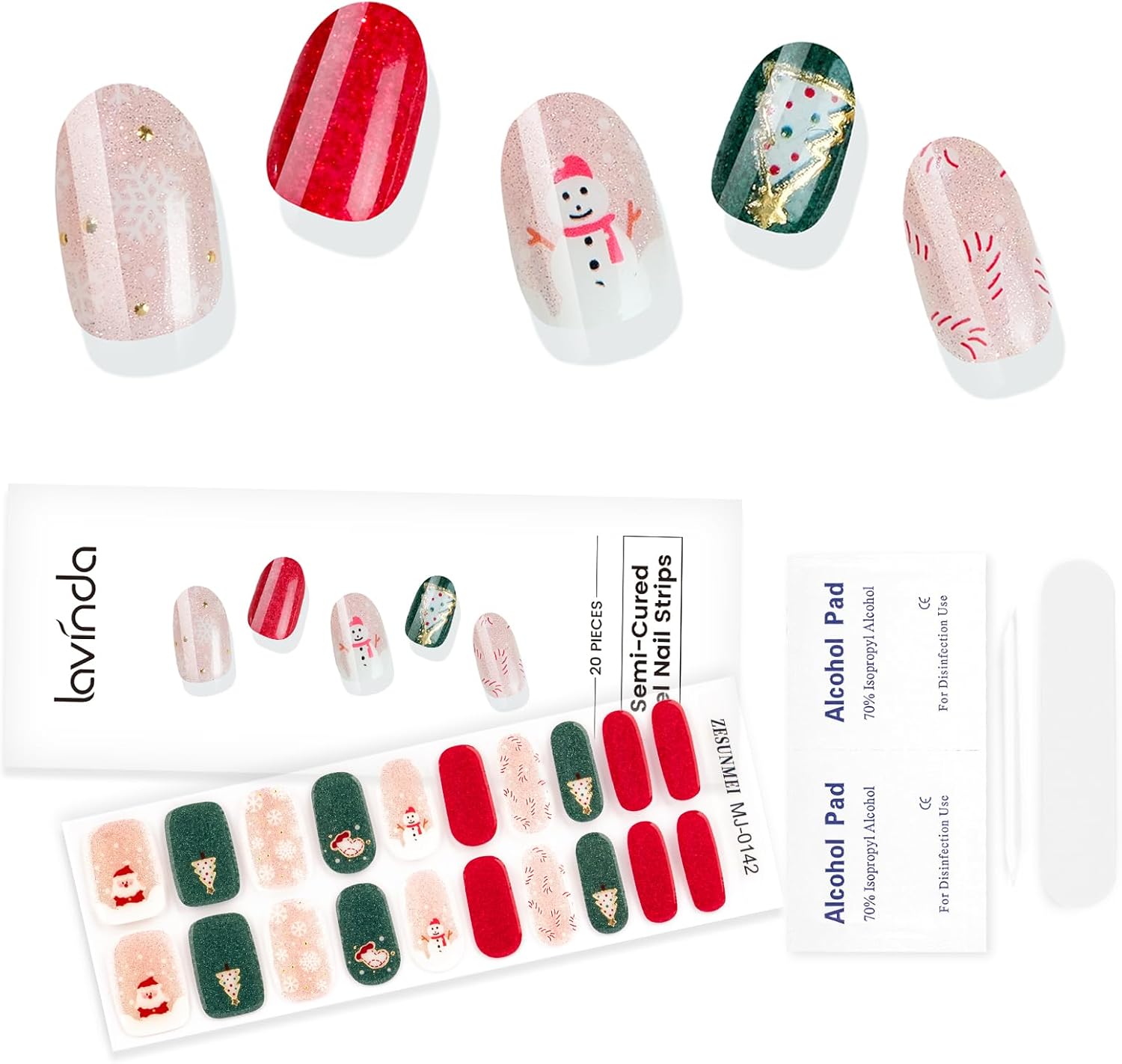 Lavinda Christmas Semi Cured Gel Nail Strips, 20 Pcs Snowman & Christmas Tree Nail Wraps with Plaid, Long-Lasting UV Gel Stickers, Salon Quality, Quick and Easy to Apply for Home Nails DIY