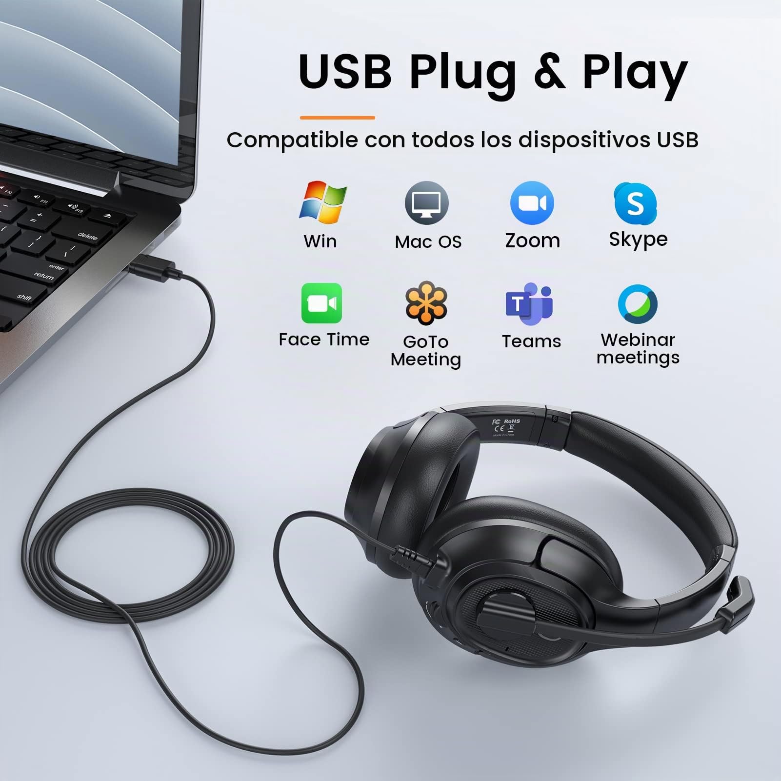 EKSA Auriculares USB con Micrófono, Cascos con Microfono Cancelación de Ruido, Control de Audio, Auriculares con Cable y Microfono para PC Portátil/Call Center/Oficina/Zoom/Teletrabajo/Teleoperador