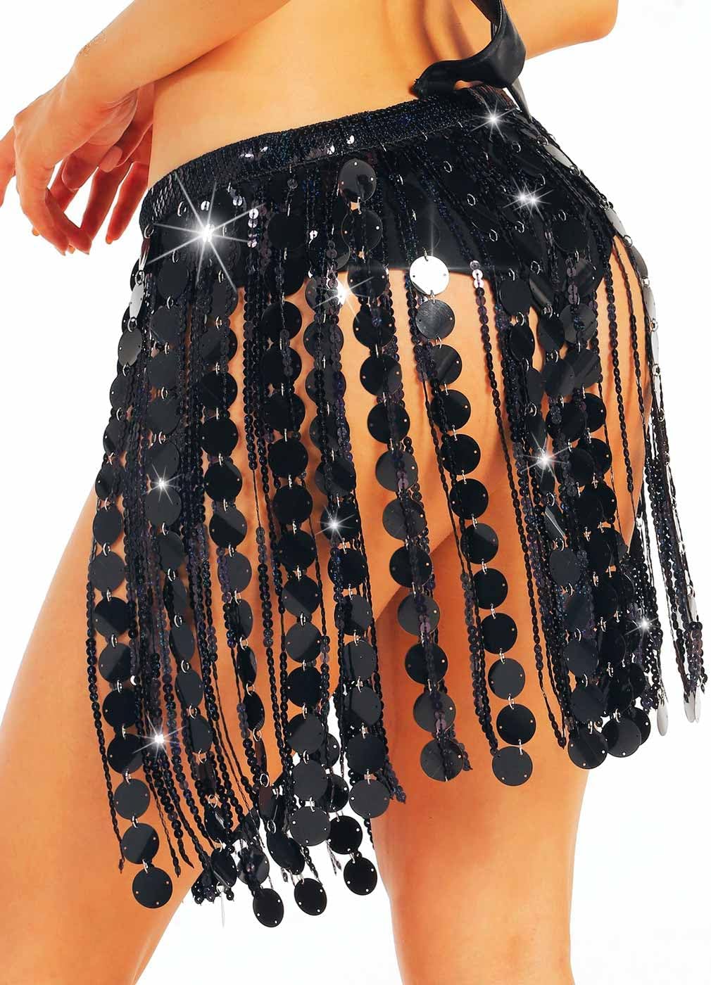 Nicute Women Sequin Skirt Sparkly Fringe Belly Dance Festival Hip Scarf Tassel Skirts