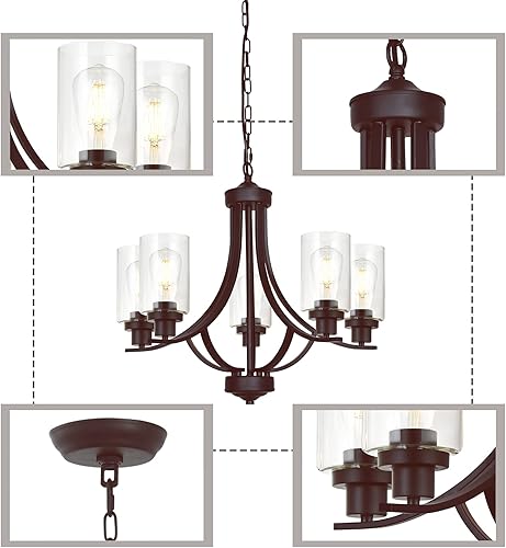 Miniatura 7 de MELUCEE Lámpara de araña clásica de 22.6 pulgadas, contemporánea de 5 luces, con pantalla de vidrio transparente, accesorios de cocina, iluminación