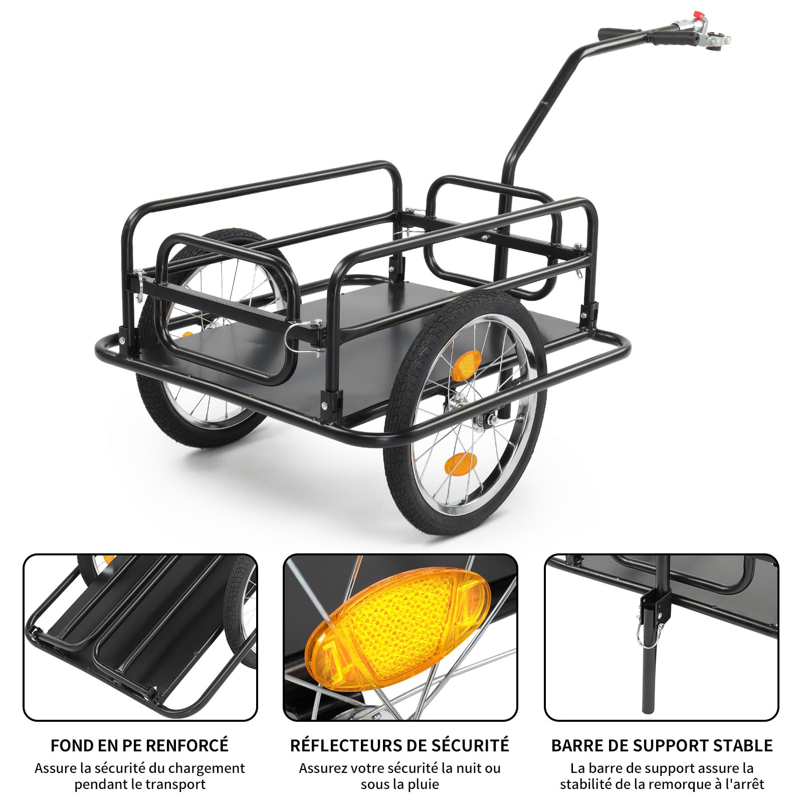 LEADZM Remorque Vélo Pliable, Remorque Cargo avec Attelage Universel, Remorque de Transport avec Pneus Pneumatiques 16 Pouces, Réflecteurs de Sécurité, 60 kg, 155 x 67 x 78 cm
