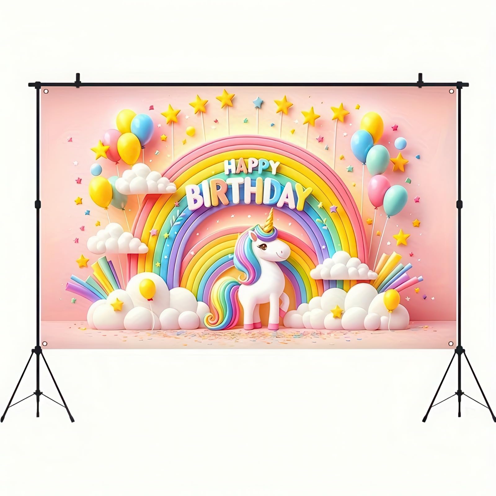 BlissYard Colorful Rainbow Birthday Banner - Unicorn Decorations, 71 x 43 Inch Balloon and Star Party Backdrop