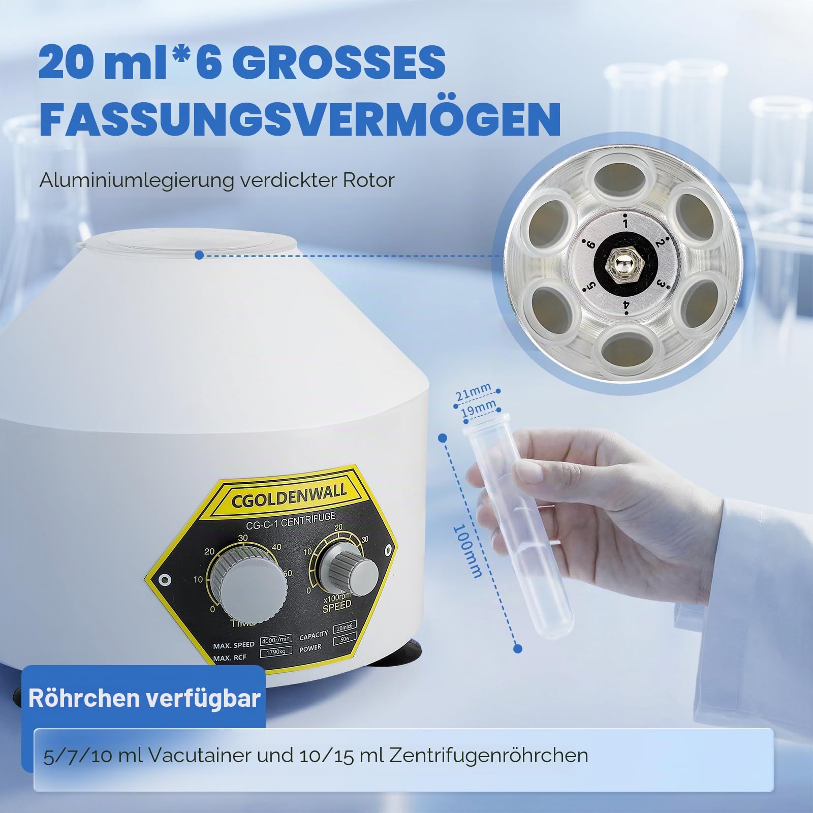 CGOLDENWALL Laborzentrifuge mit 6 * 20 ml Zentrifugenröhrchen &Transparentem Deckel, 4000 U/min Max. Geschwindigkeit, 0-60 Min. Timer, 1790 xg Max. RZK Geeignet für 5/7/10/15 ml Vacutainer Röhrchen