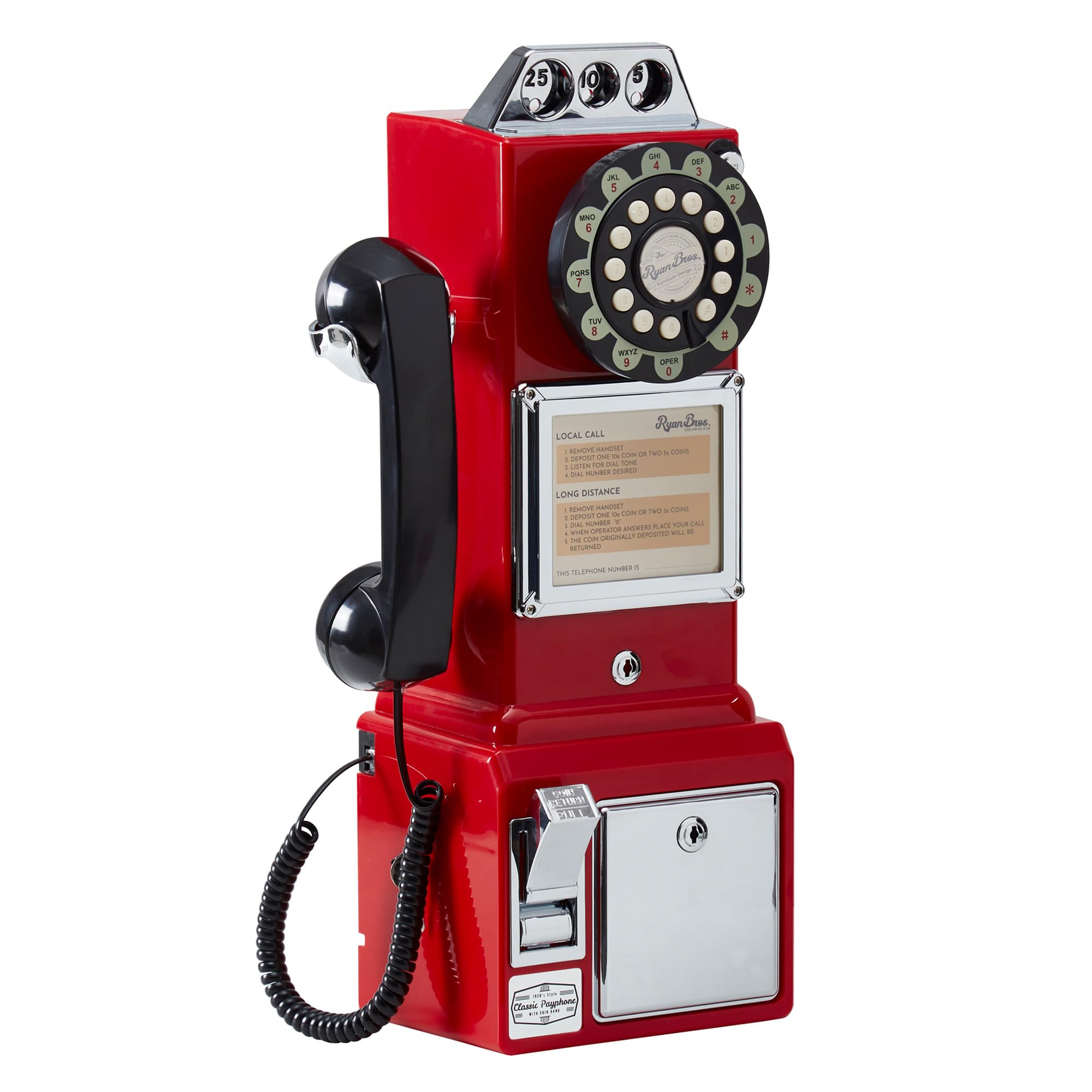 Ryan Bros. American Retro 1950s Public Phone Coin Bank Wall Hanging Corded Phone (Red)