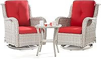Vista 13 de Joyside Juego de 2 sillas giratorias para patio al aire libre y mesa auxiliar a juego, juego de 3 piezas de mimbre para patio con cojines de tela