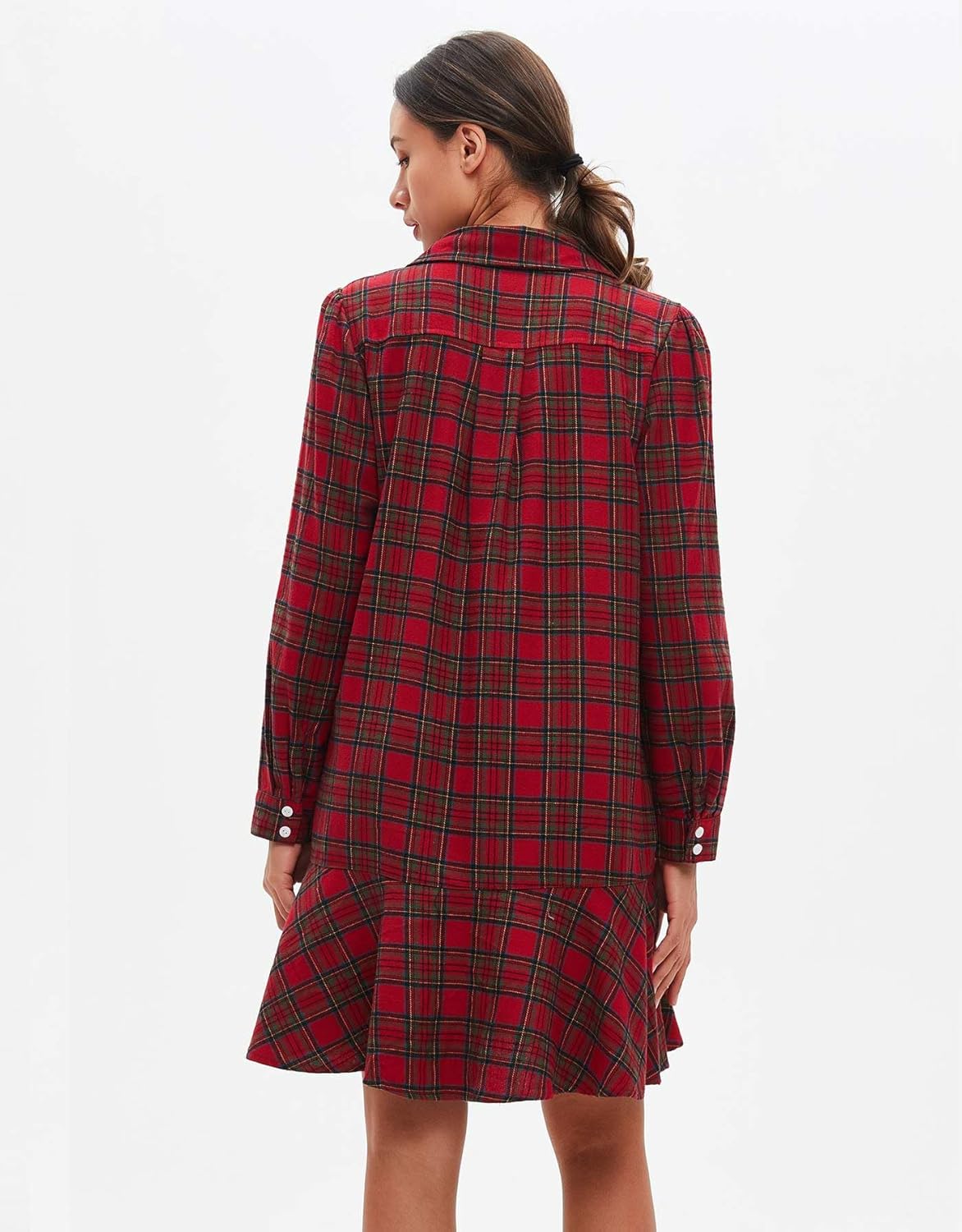 Women's Plaid Tunic Dress V Neck Button Down Collar Mini Dress Flowy Swing Shift Christmas Dress Red - Image 5