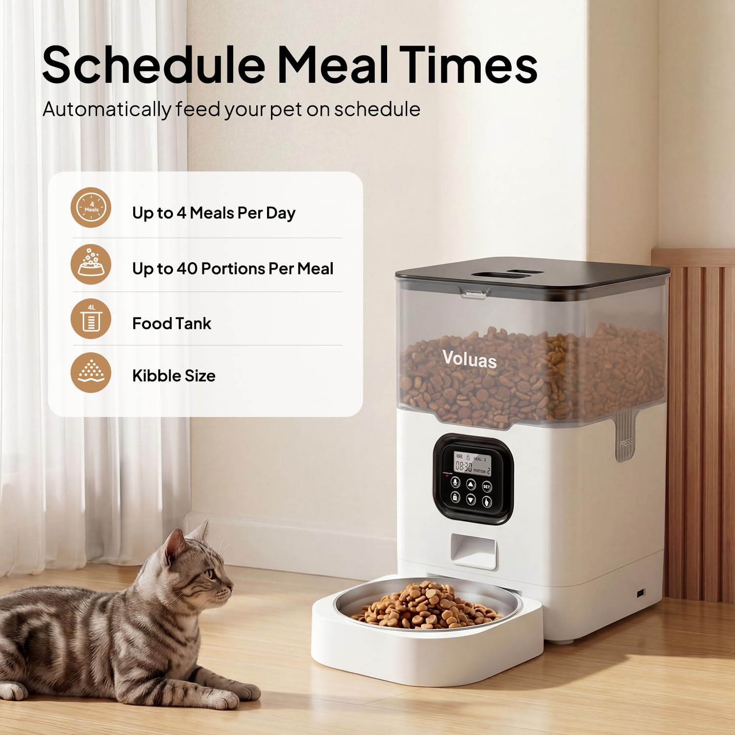 VOLUAS Automatic Cat Feeders - Dry Food Dispenser with Timer, Desiccant Bag, Programmable Portion Size Control 4 Meals Per Day, 10s Voice Recorder - image 2