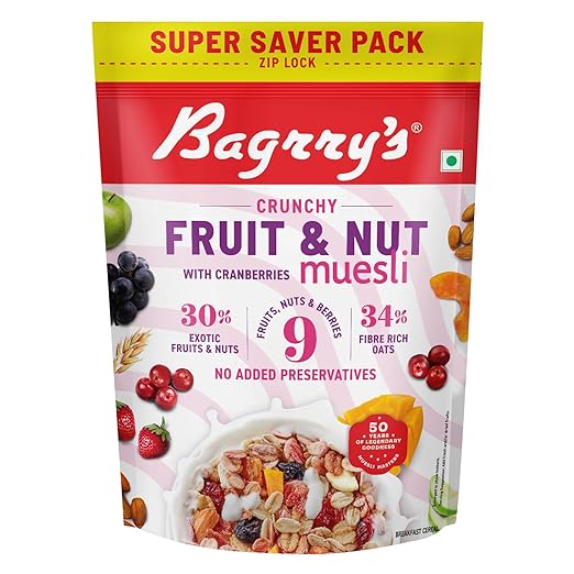 Crunchy Muesli With 30% Fruit & Nut Cranberries 750gm Pouch |34% Fibre Rich Oats|No Sugar Infused Fruits|Real Fruits|Breakfast Cereal|Protein Rich|Cranberry Muesli