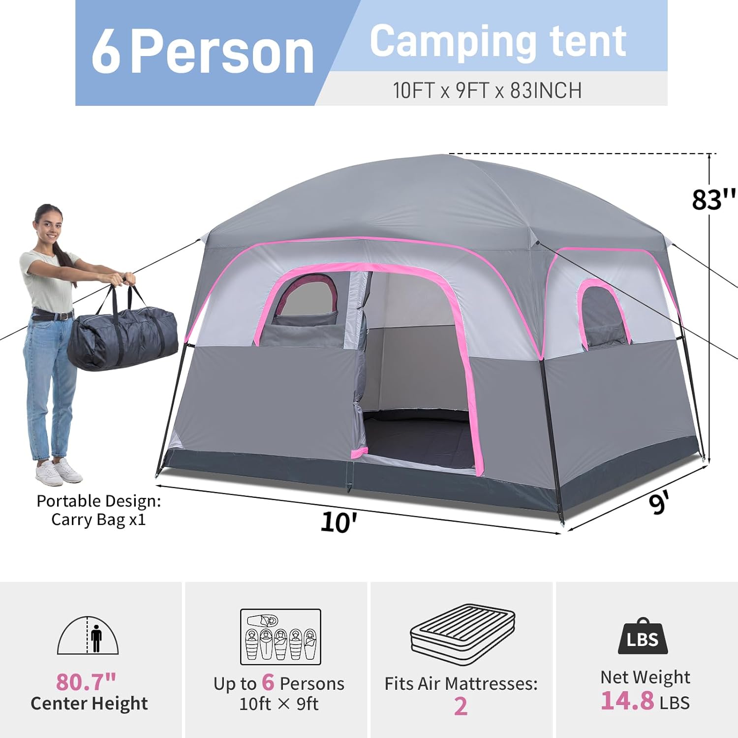 Outvita 6 Person Camping Tent with Carry Bag, Waterproof Windproof Easy Setup, Portable Family Camping Tent with 1 Mesh Door & 5 Large Mesh Windows, 10'X9'X83in